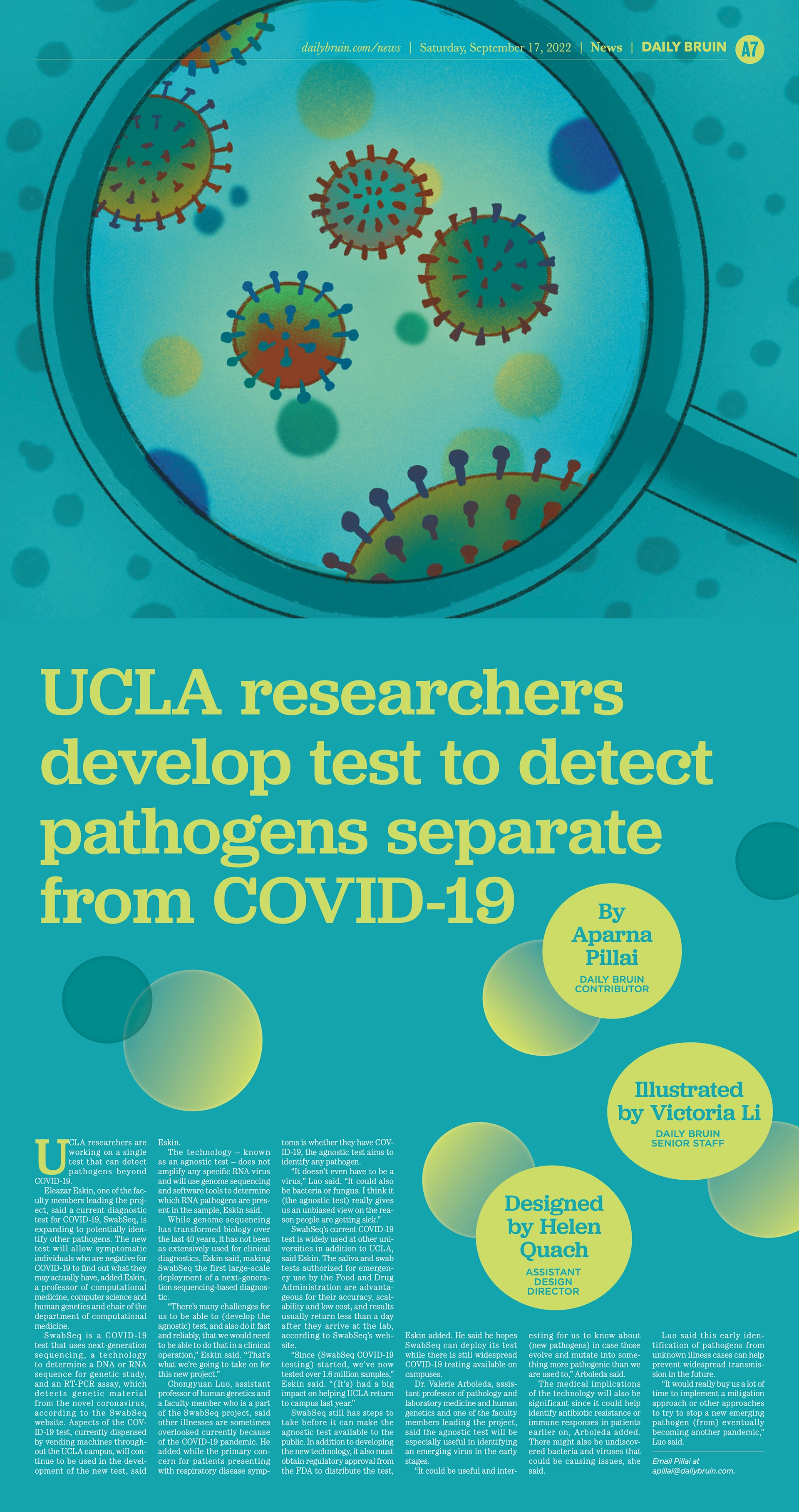 A newspaper page that reads, "UCLA researchers develop test to detect pathogens separate from COVID-19." The page features an illustration of pathogens under a spyglass.