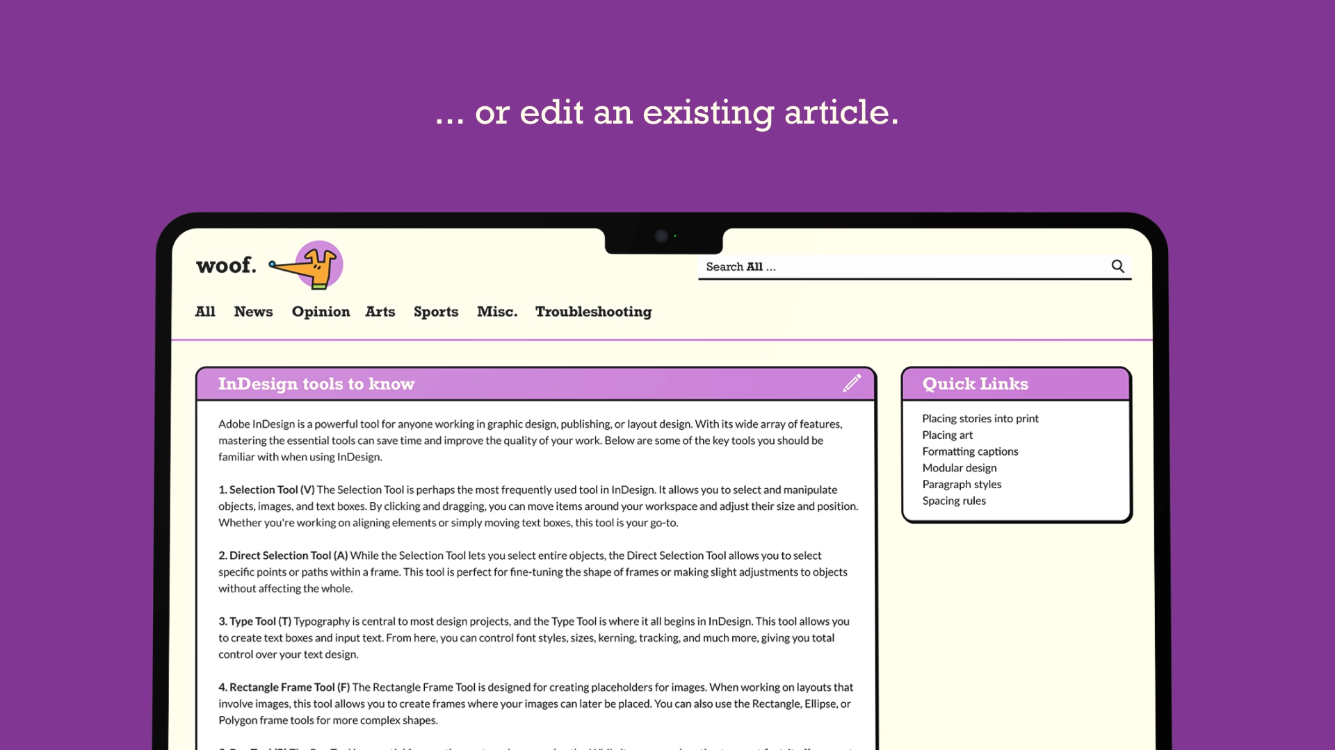 Preview of article editing interface and text that reads, "...or edit an existing article."