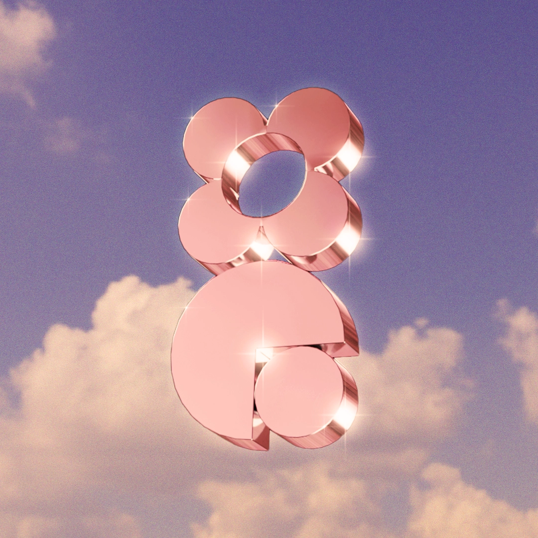 3D metallic pink logo in front of sky at sunset