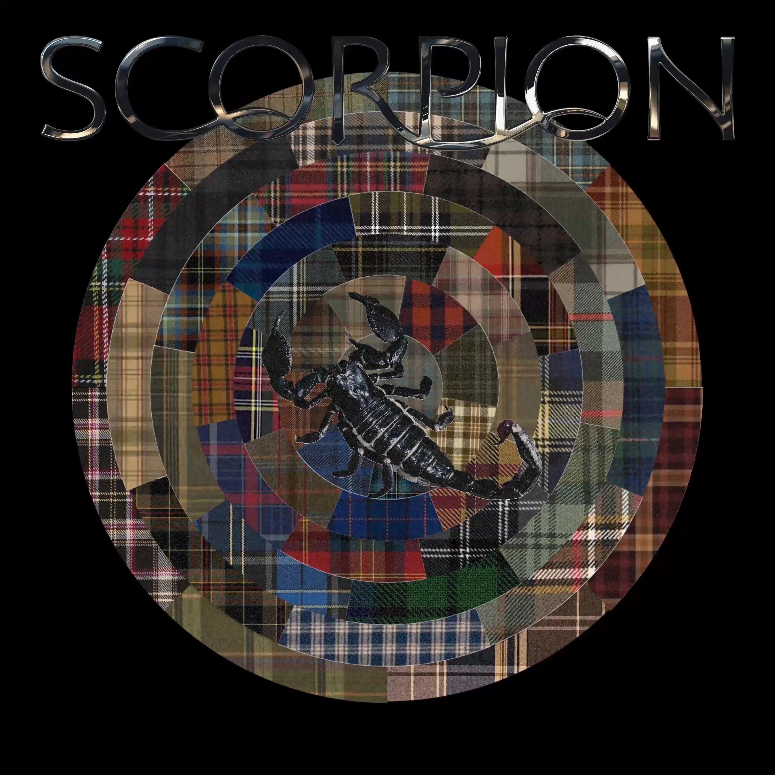 Abstract collage of concentric circles with plaid patterns and a scorpion in the center that reads, 'Scorpion'