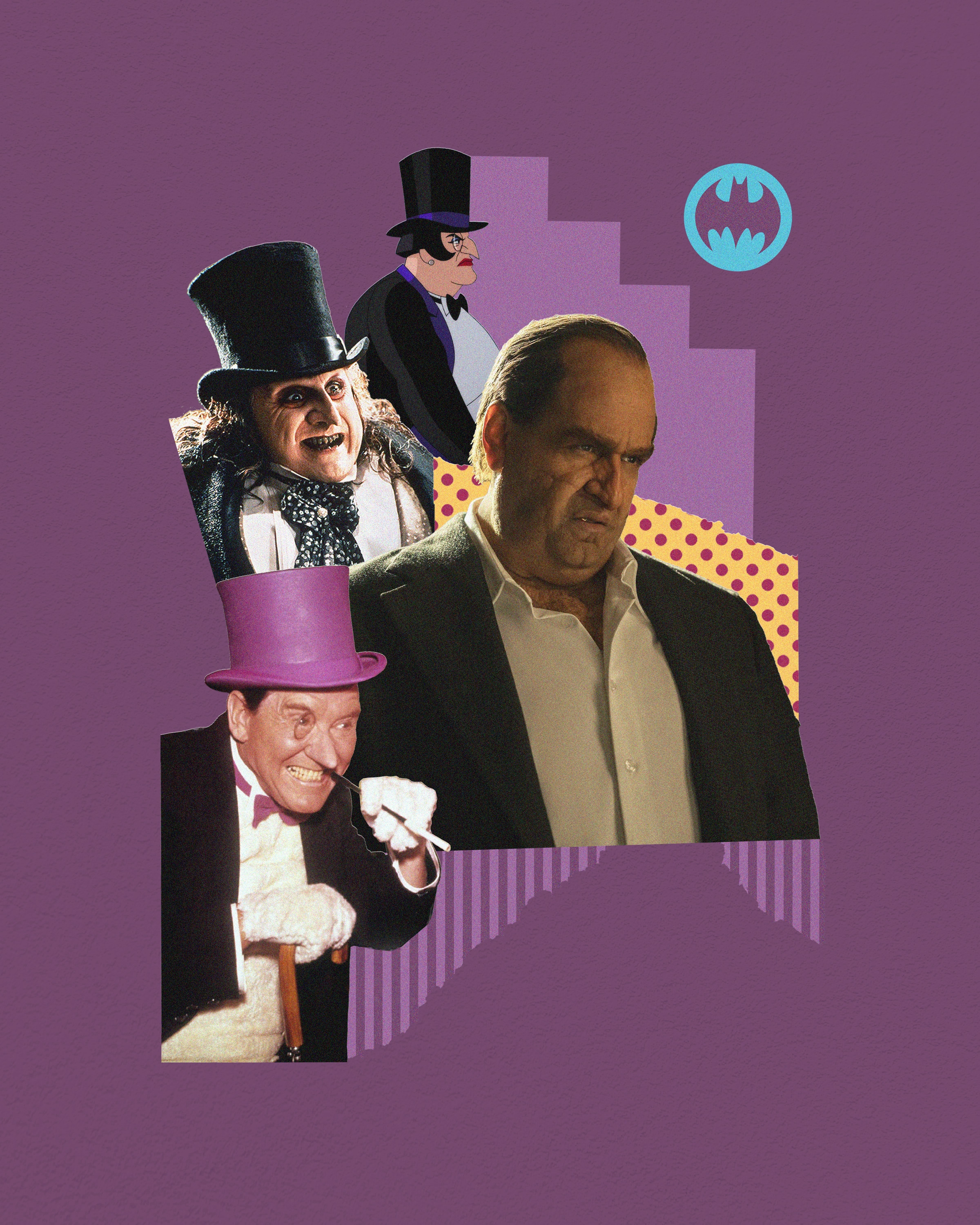 Cutouts of the Penguin and a blue bat signal in the top right against a purple background.