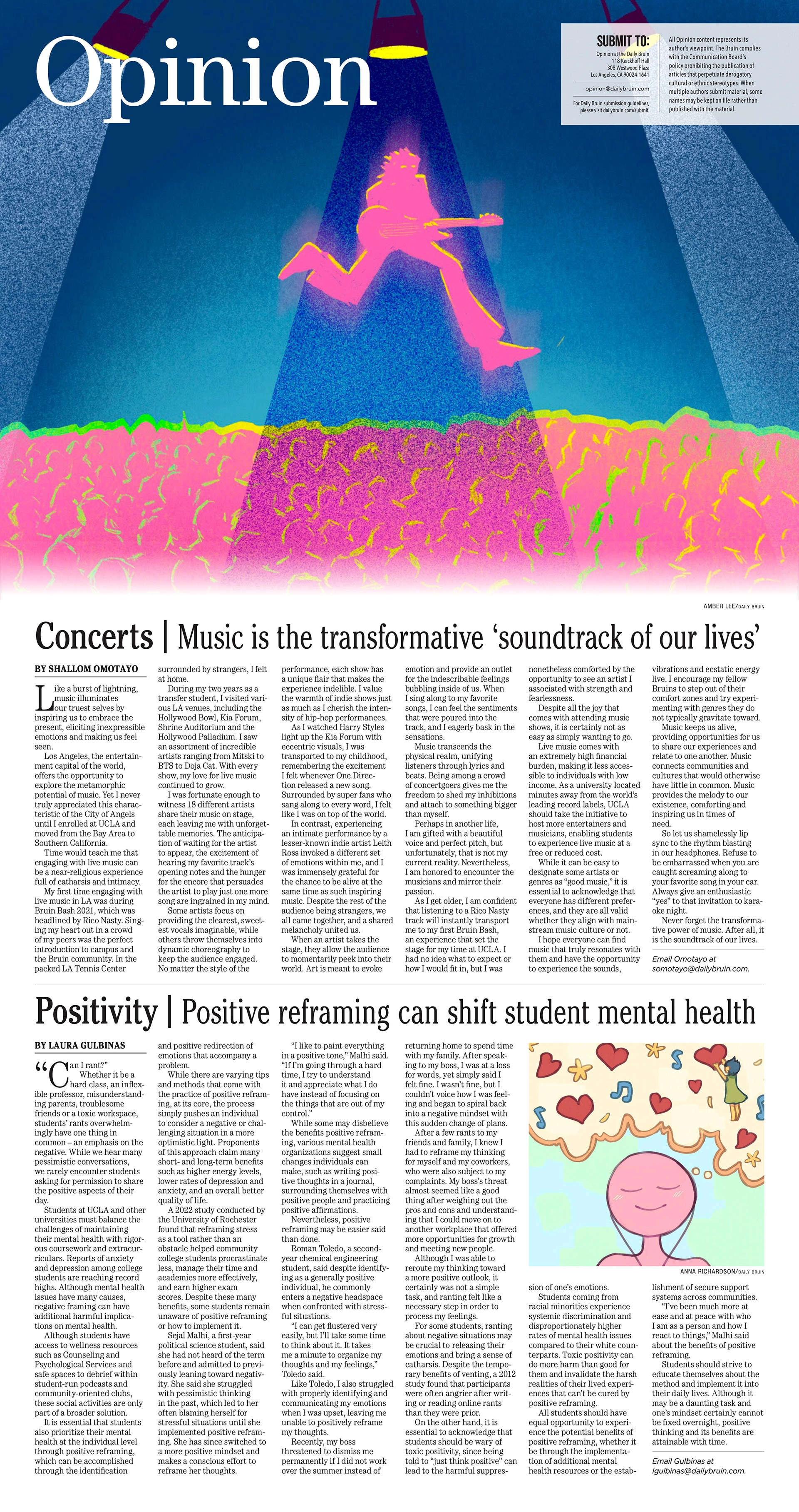 A newspaper page for the Opinion section, featuring a large illustration of a pink guitarist flying over a crowd at a concert.