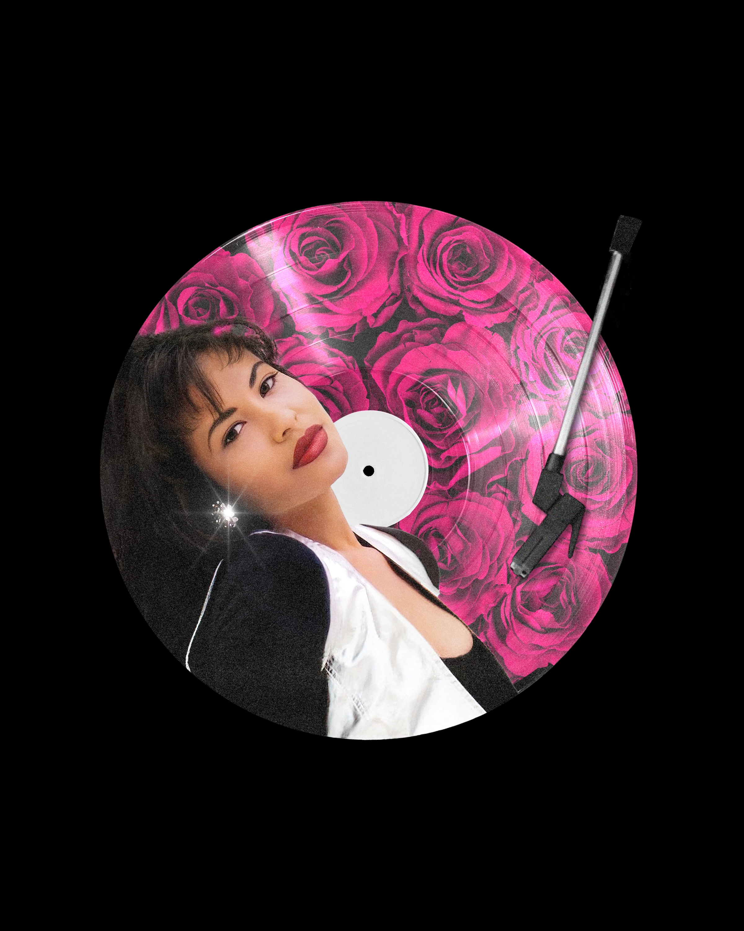 Collage of Selena Quintanilla and a vinyl record, on which pink roses are printed.