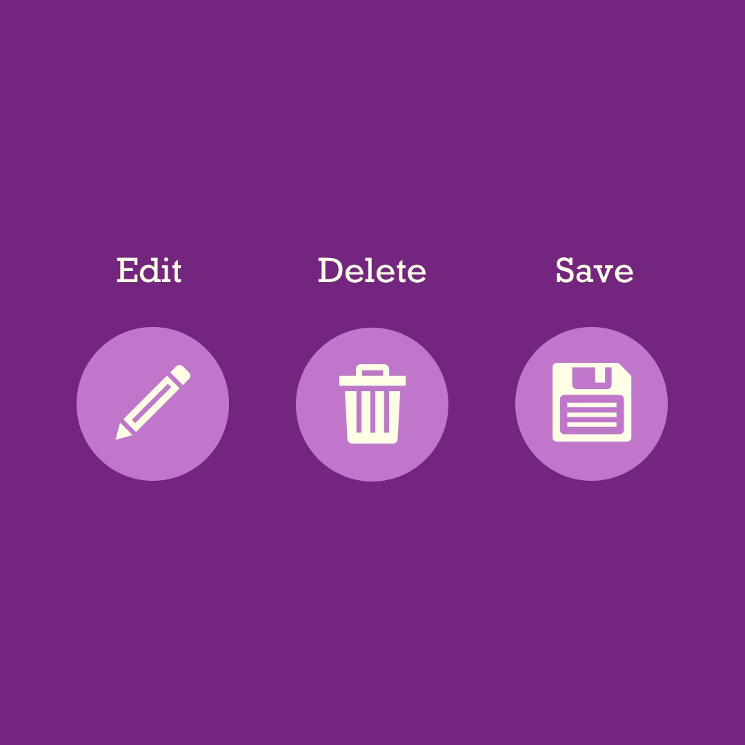 Icons for edit, delete and save functions.