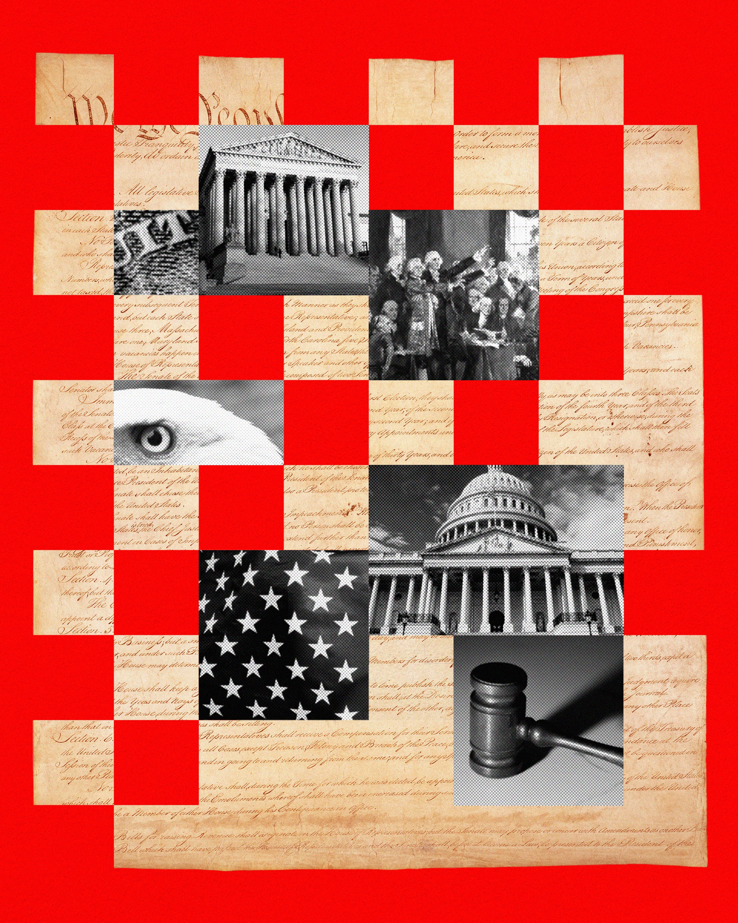 A deconstructed Constitution on top of a red background with different Washington D.C. imagery.