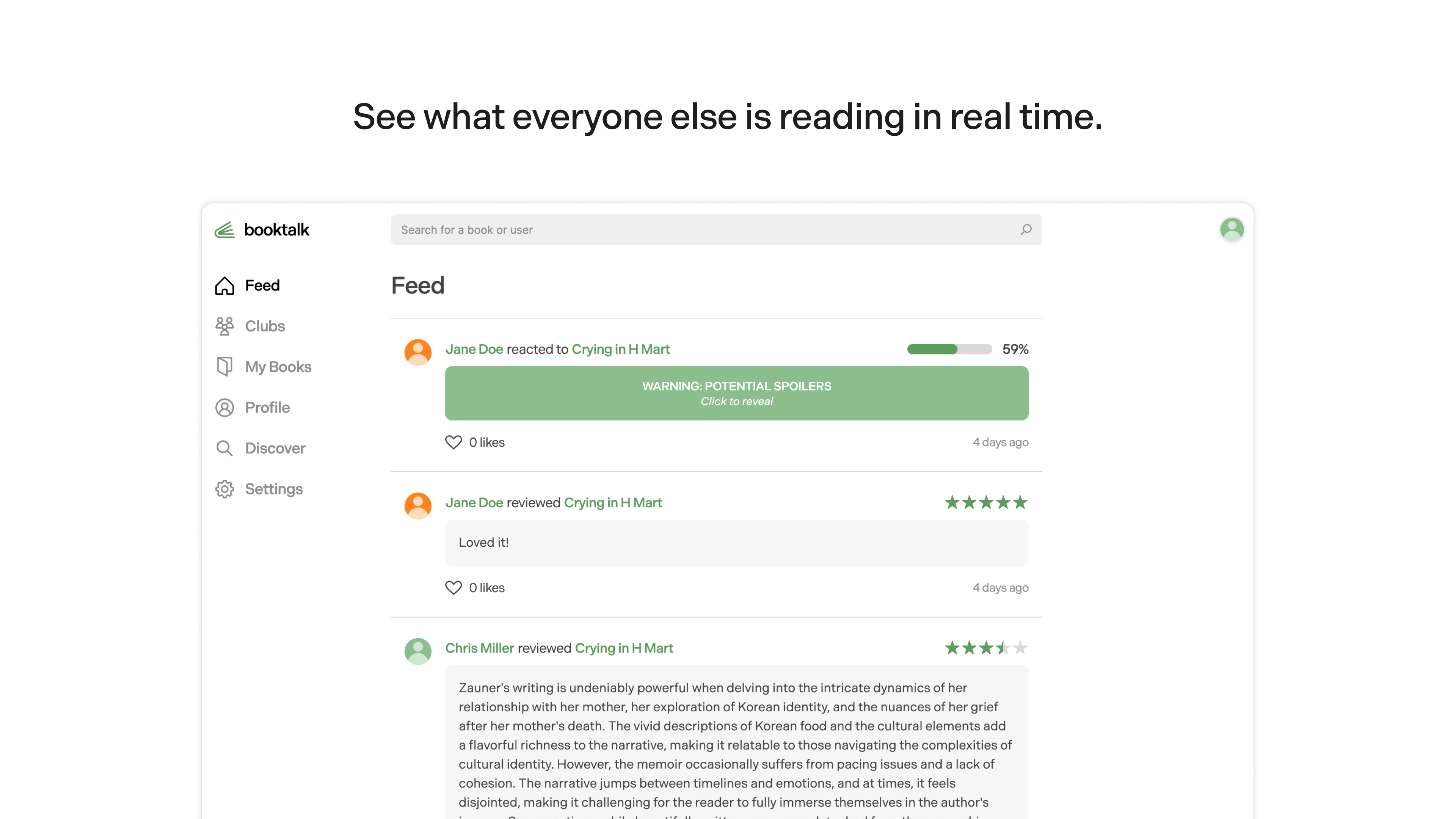 Preview of feed with posts including book reviews and reactions. Text reads, "See what everyone else is reading in real time."