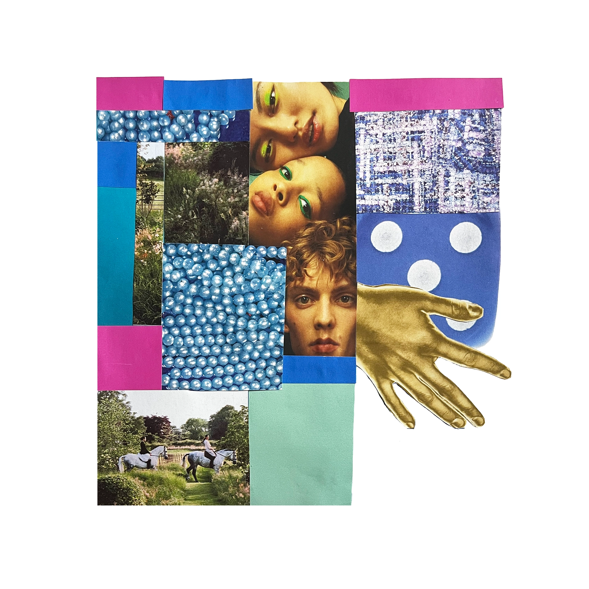 Abstract collage of pinks and blues with images of blue pearls, horses and a golden hand.