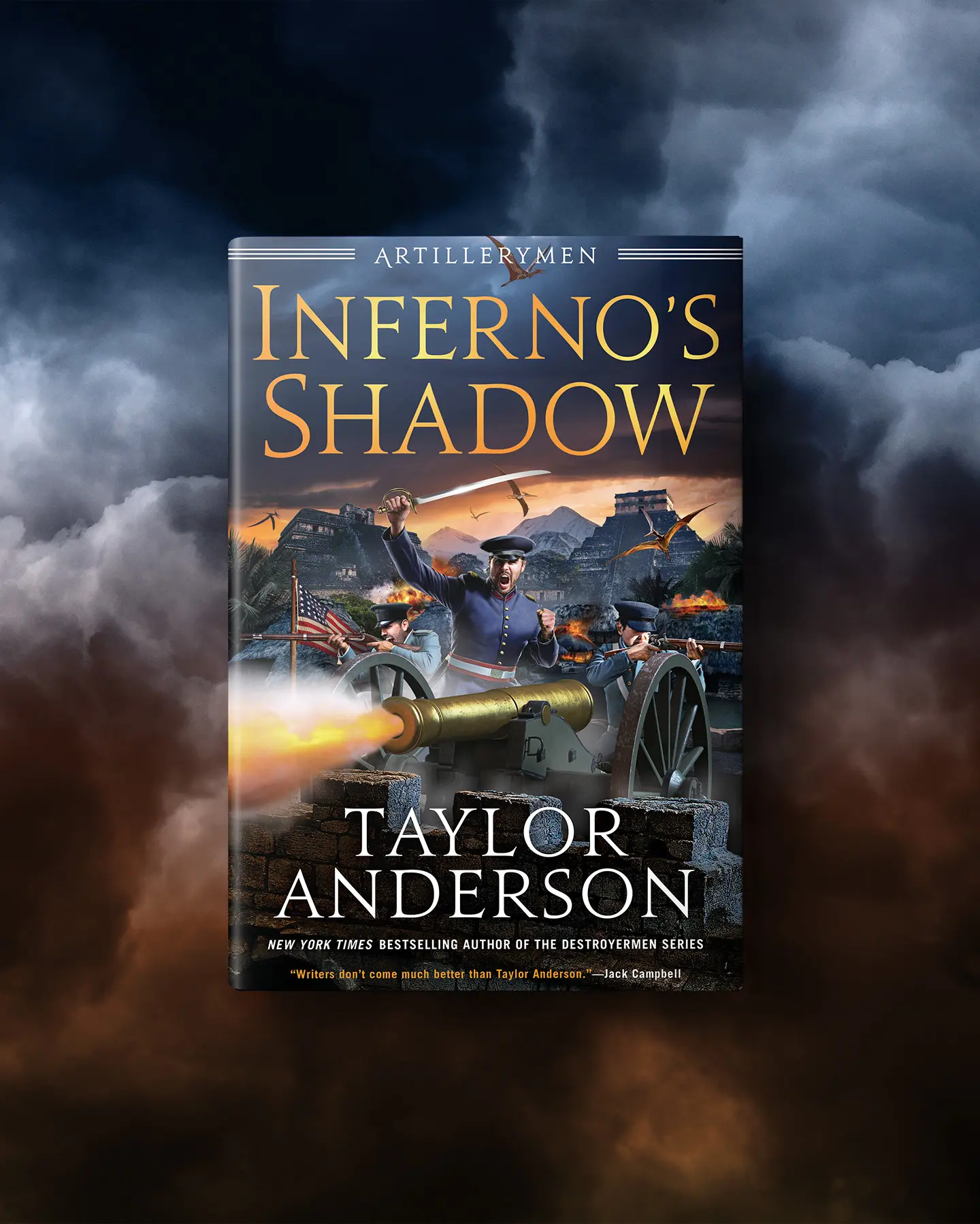 Facebook ad for book with dark clouds and orange accents.