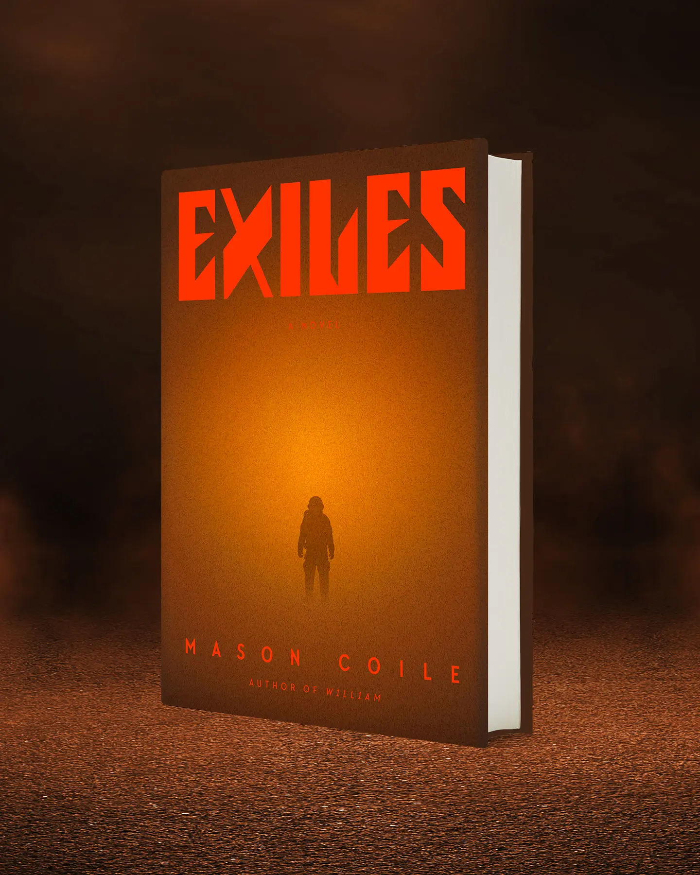 Book standing on red sand with dark atmosphere.