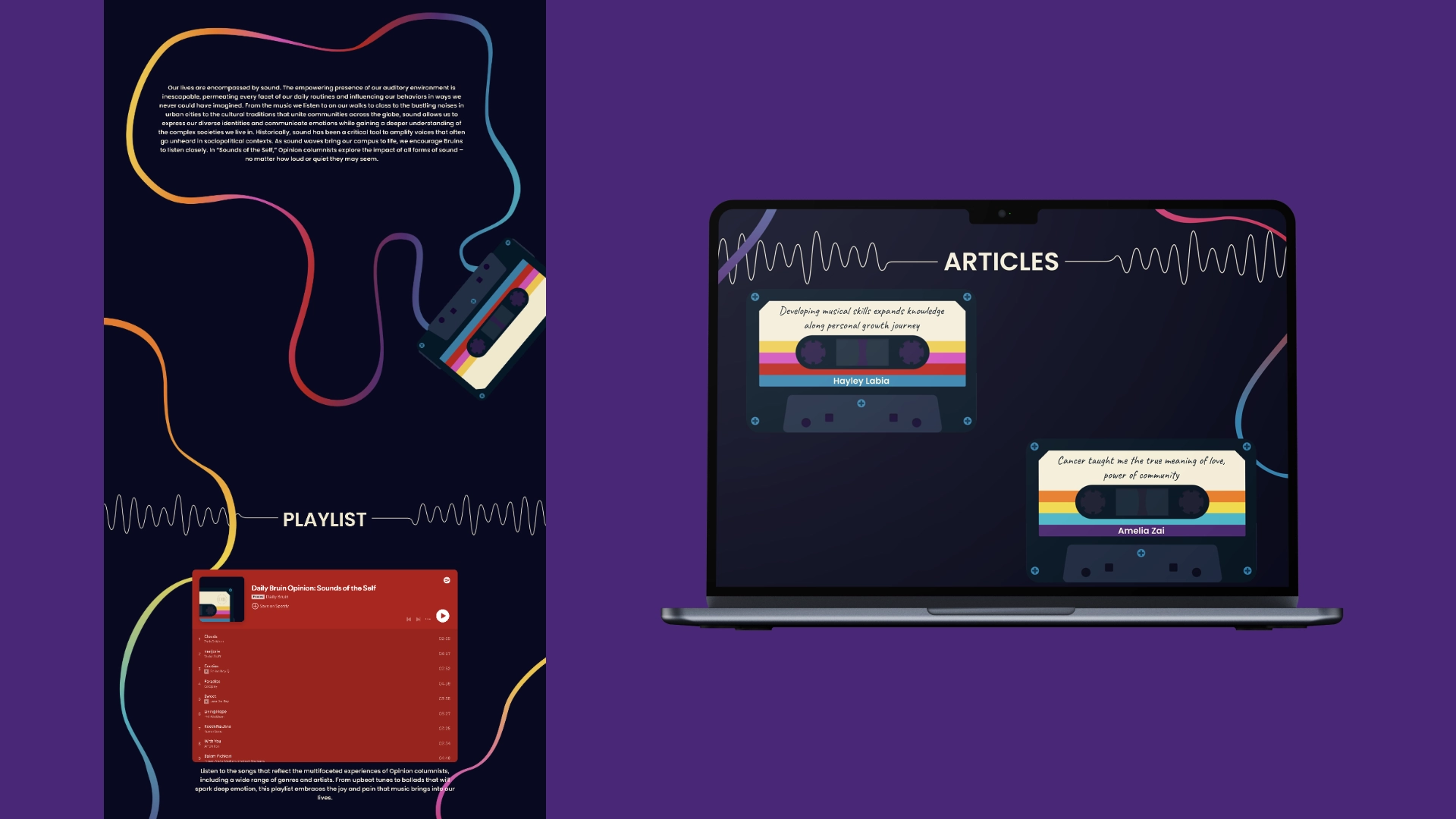 On the left is a preview of the "Sounds of the Self" webpage, featuring the introduction section and playlist section. On the right is a Macbook Pro showing the articles section. Each article link is displayed as a cassette tape. Rainbow tape bursts out of cassettes along the page.