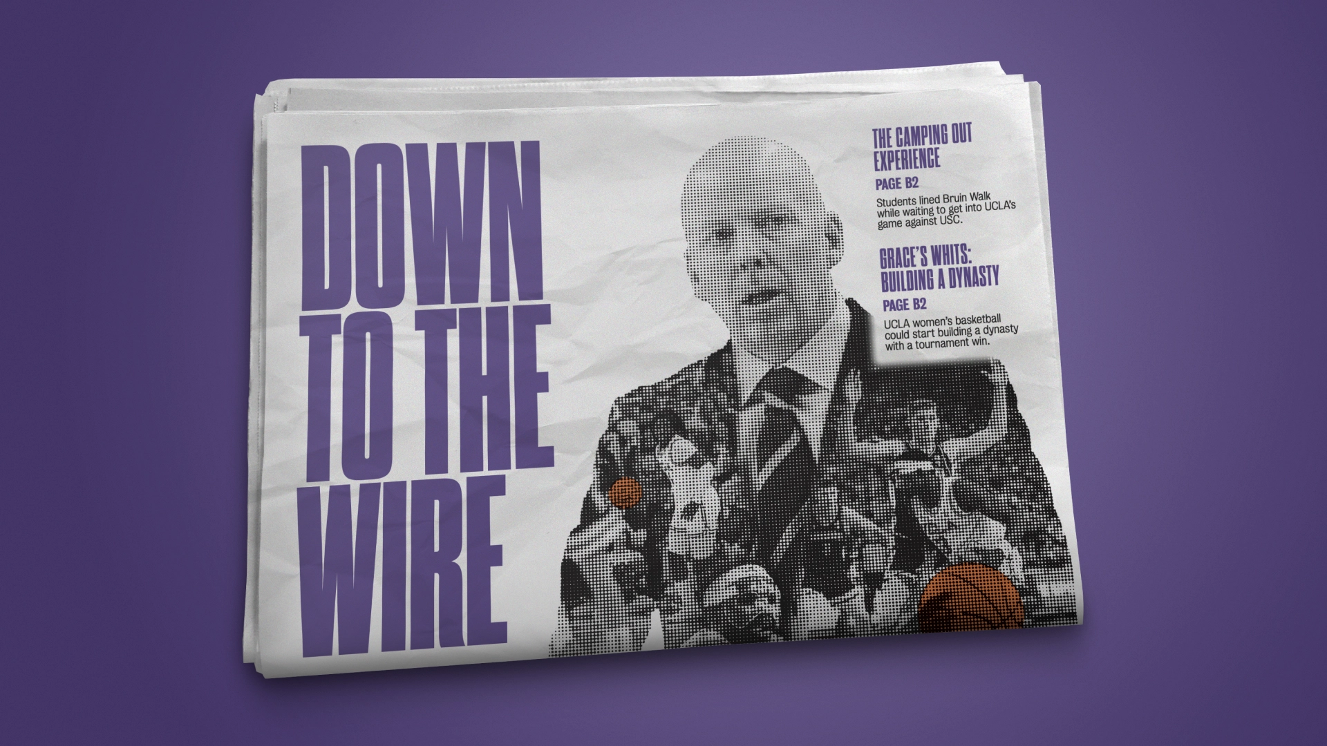 Newspaper with UCLA basketball coach Mick Cronin on the cover on purple background
