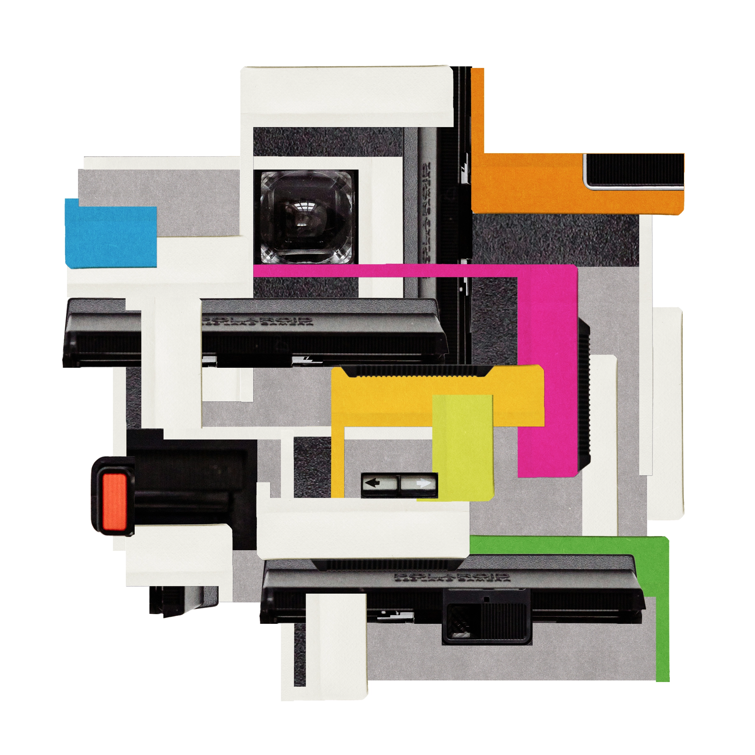 Fragments of polaroid frames and polaroid camera repeated in abstract collage featuring colors of the Polaroid logo.