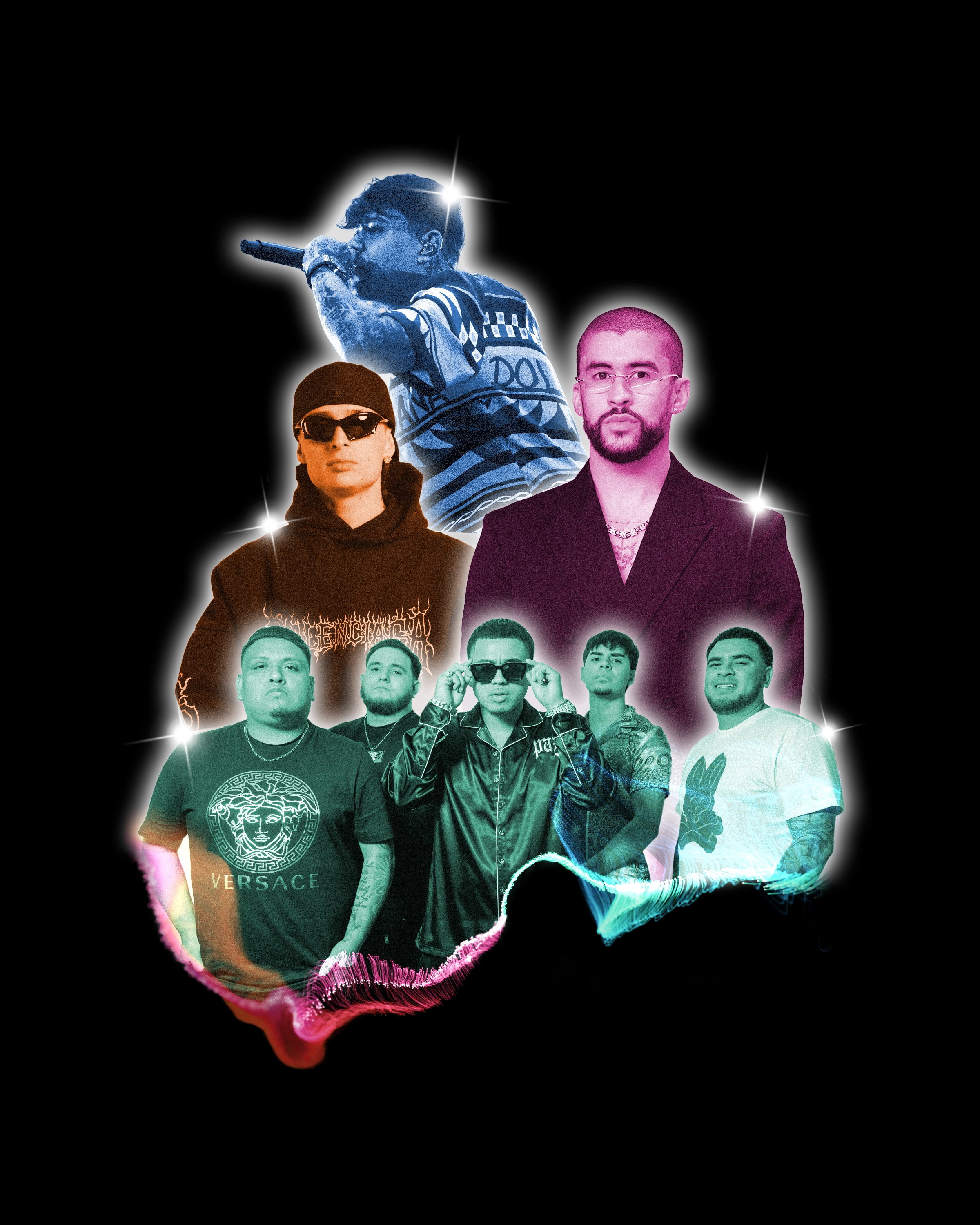 Collage of Junior H, Peso Pluma, Bad Bunny and Fuerza Regida.