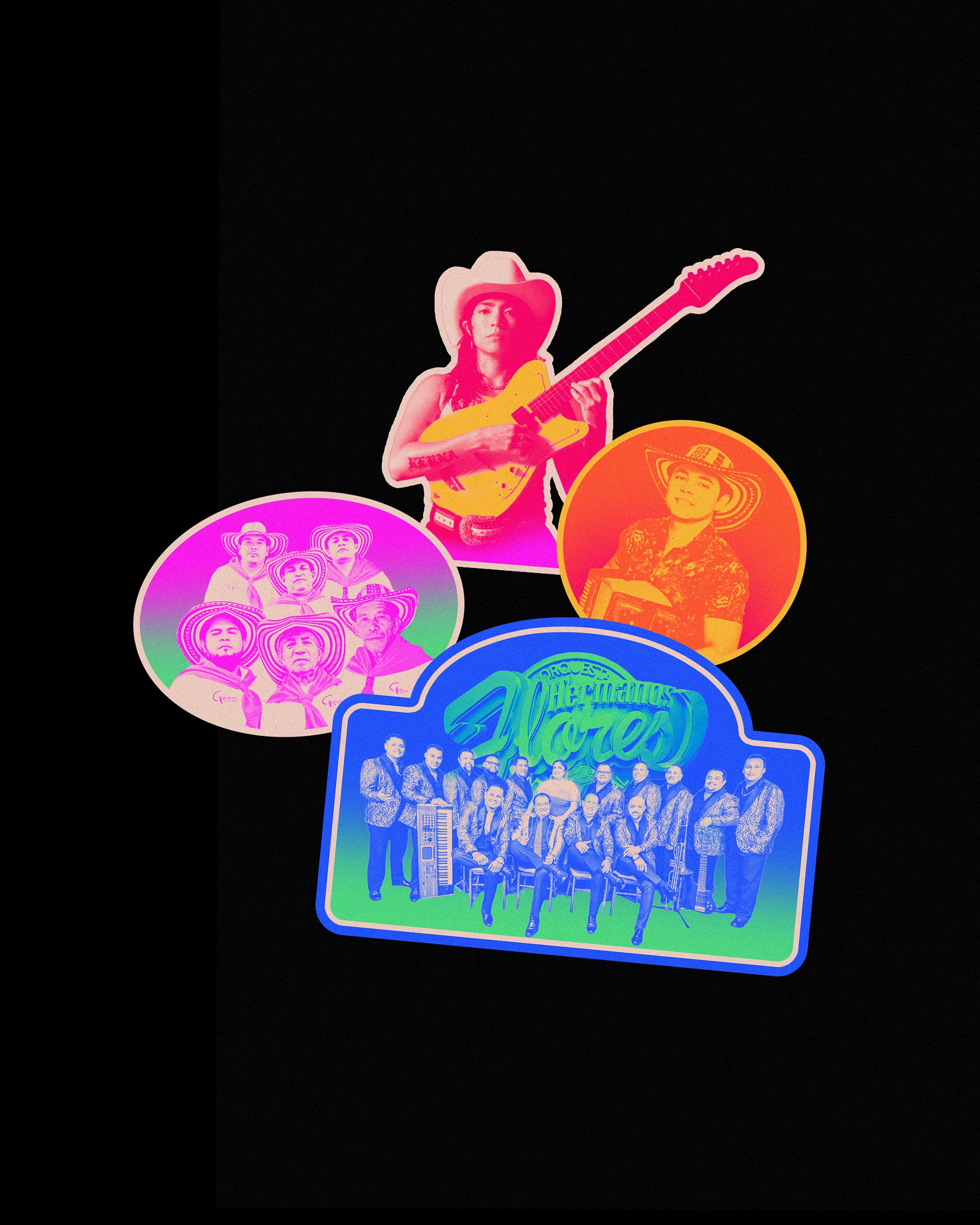 Photo illustration of Reyna Tropical, Yeison Landero, Los Gaiteros de San Jacinto and Los Hermanos Flores on stickers.