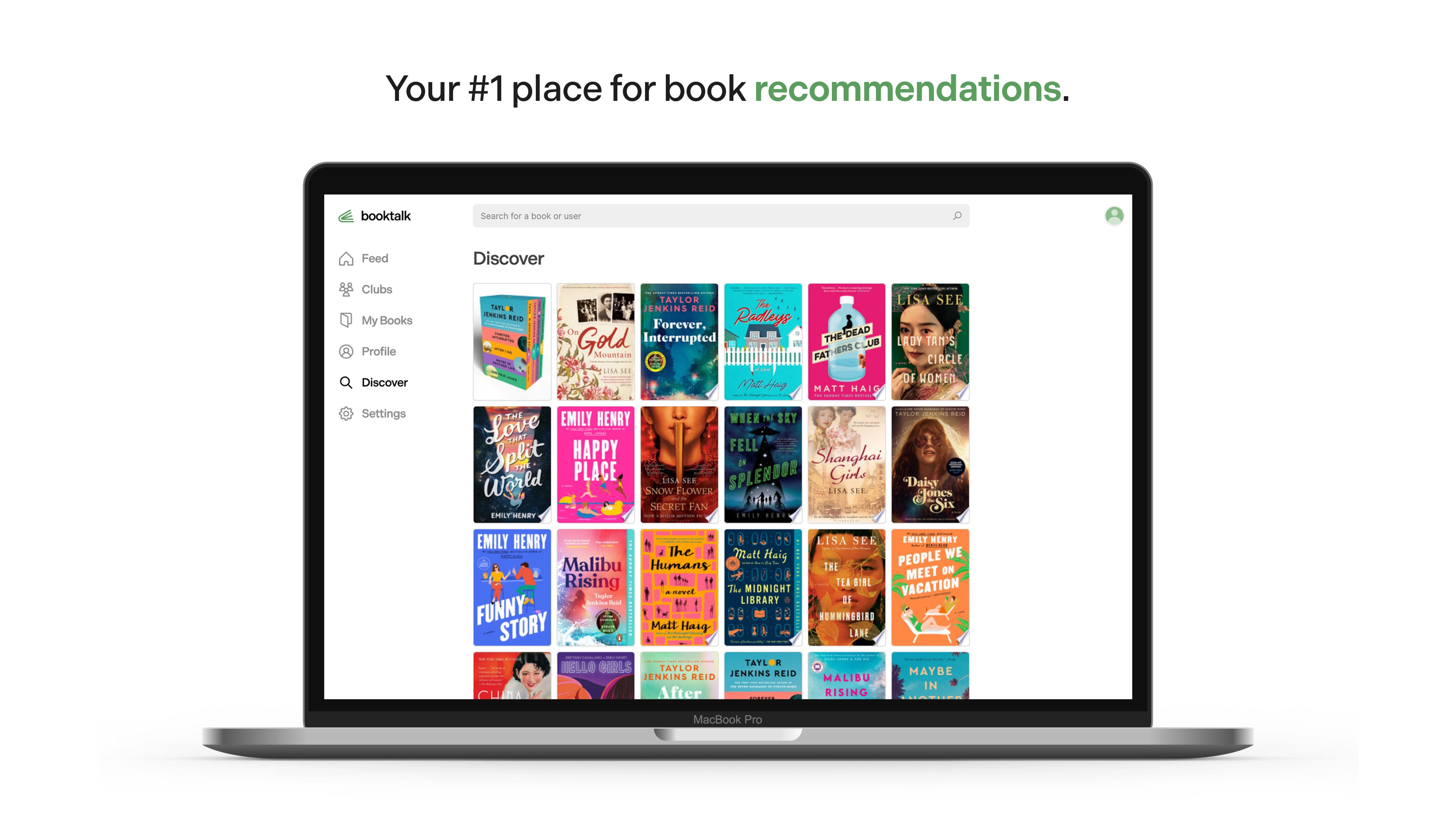 Macbook Pro using the BookTalk app with text that reads, "Your #1 place for book recommendations."