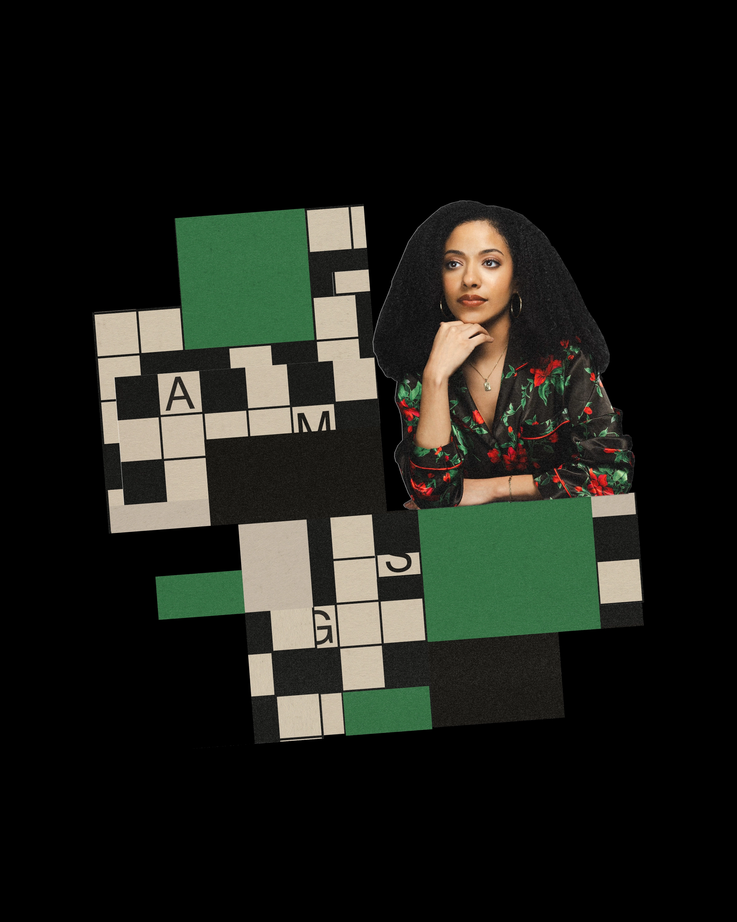 Collage of Juliana Pache and a crossword puzzle grid.