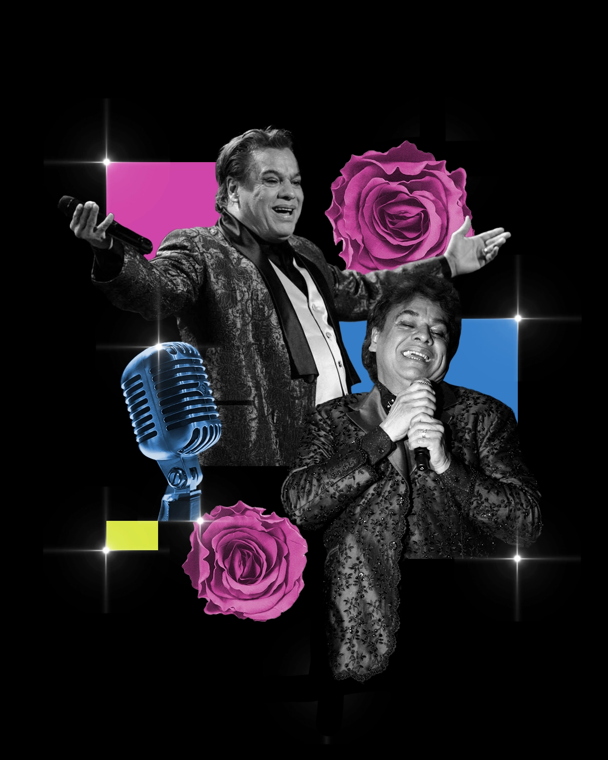 Collage of Juan Gabriel with flowers and a microphone.