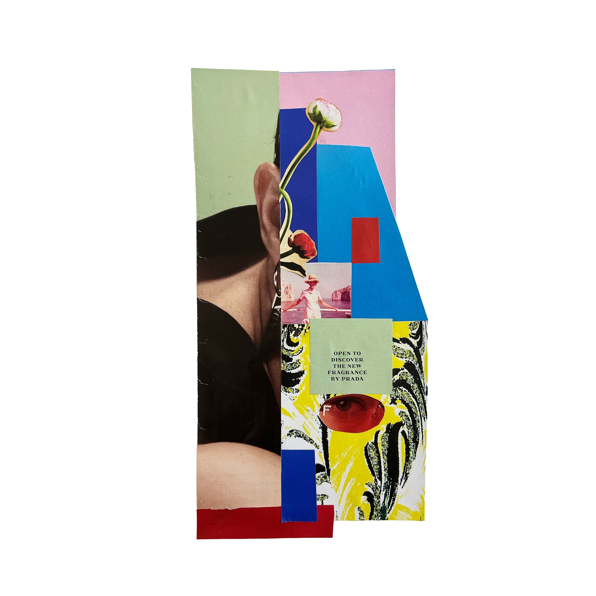 Abstract collage of bright colors and fashion ads.