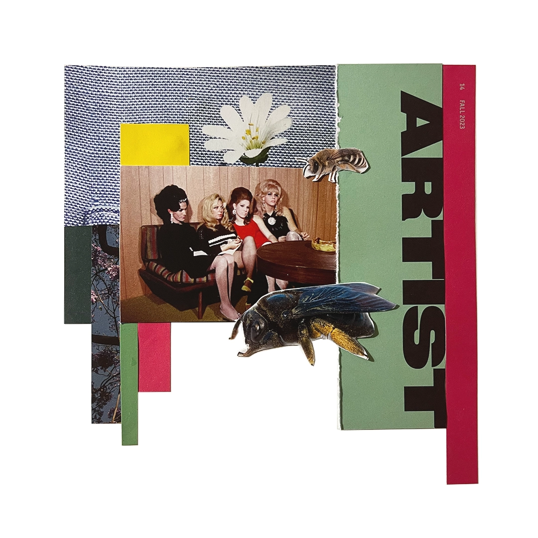Abstract collage of muted greens, pinks and blues, with images of women, bees and flowers and large text that reads "ARTIST."