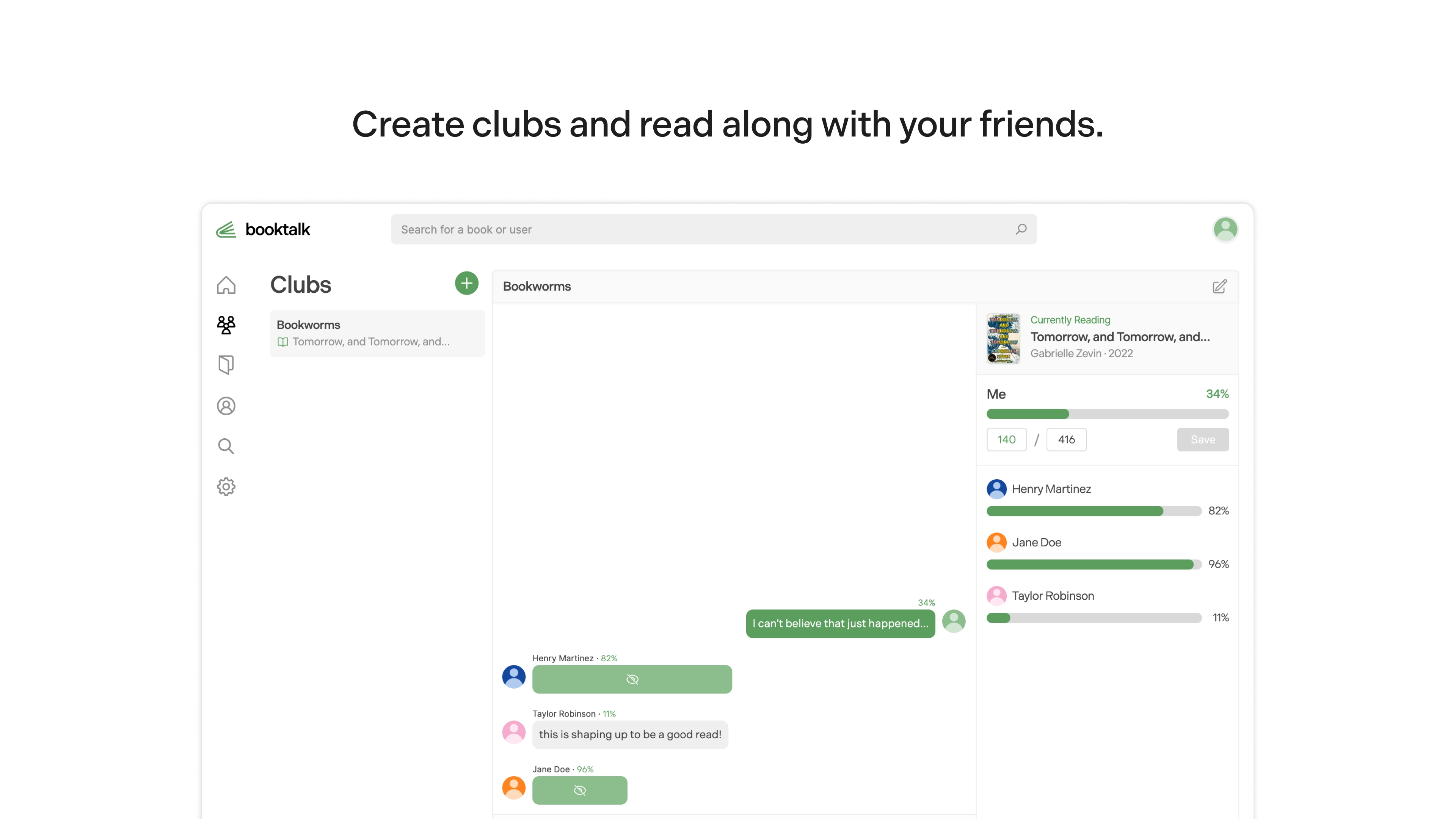 Preview of book club group chat interface with text that reads, "Create clubs and read along with your friends."
