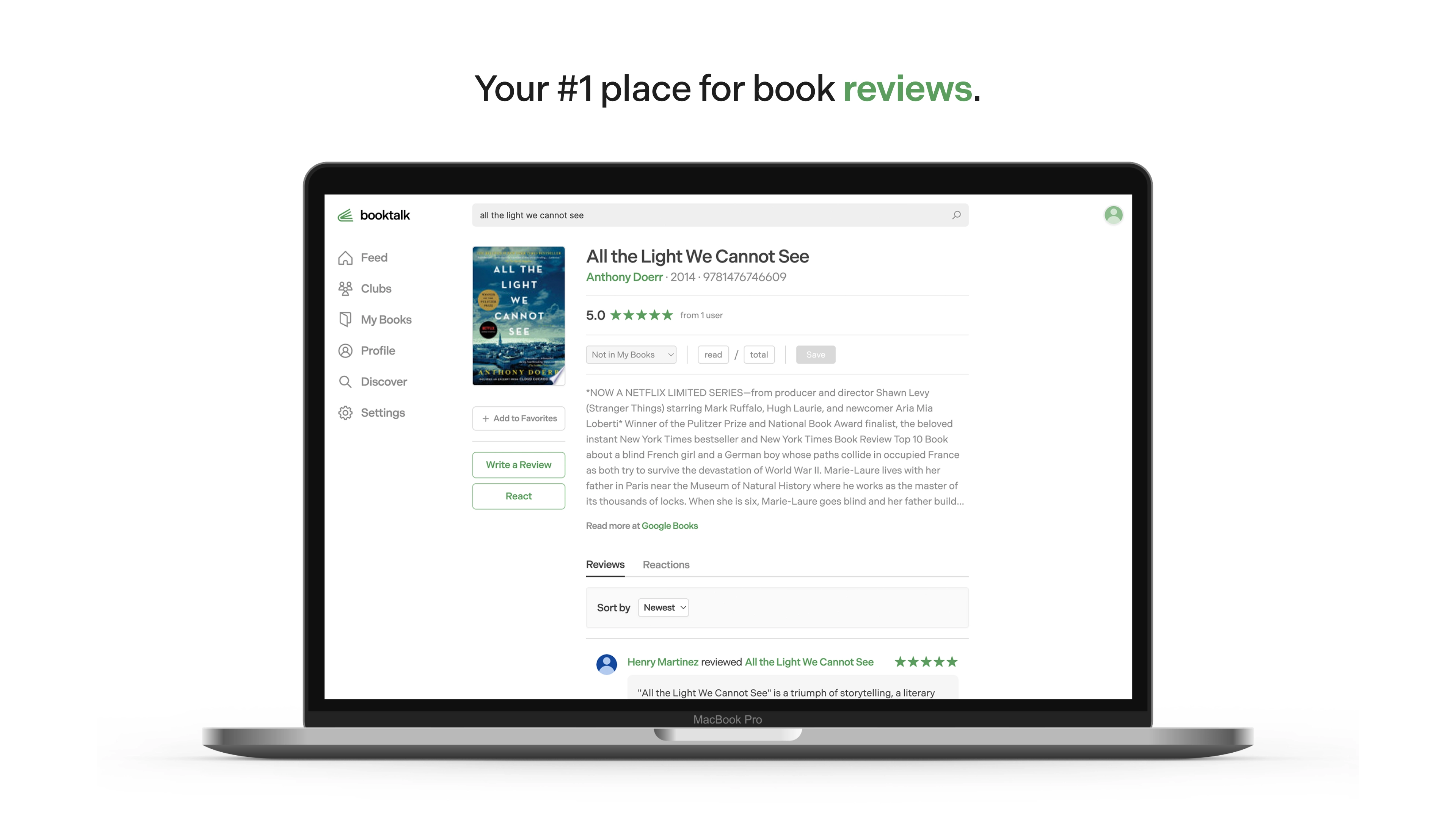 Macbook Pro using the BookTalk app with text that reads, "Your #1 place for book reviews."