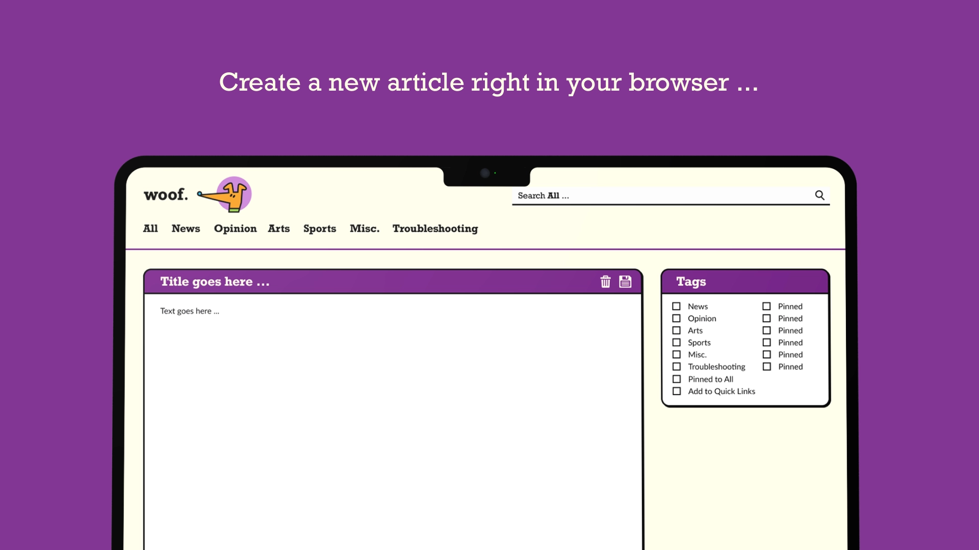 Preview of article creation interface and text that reads, "Create a new article right in your browser..."