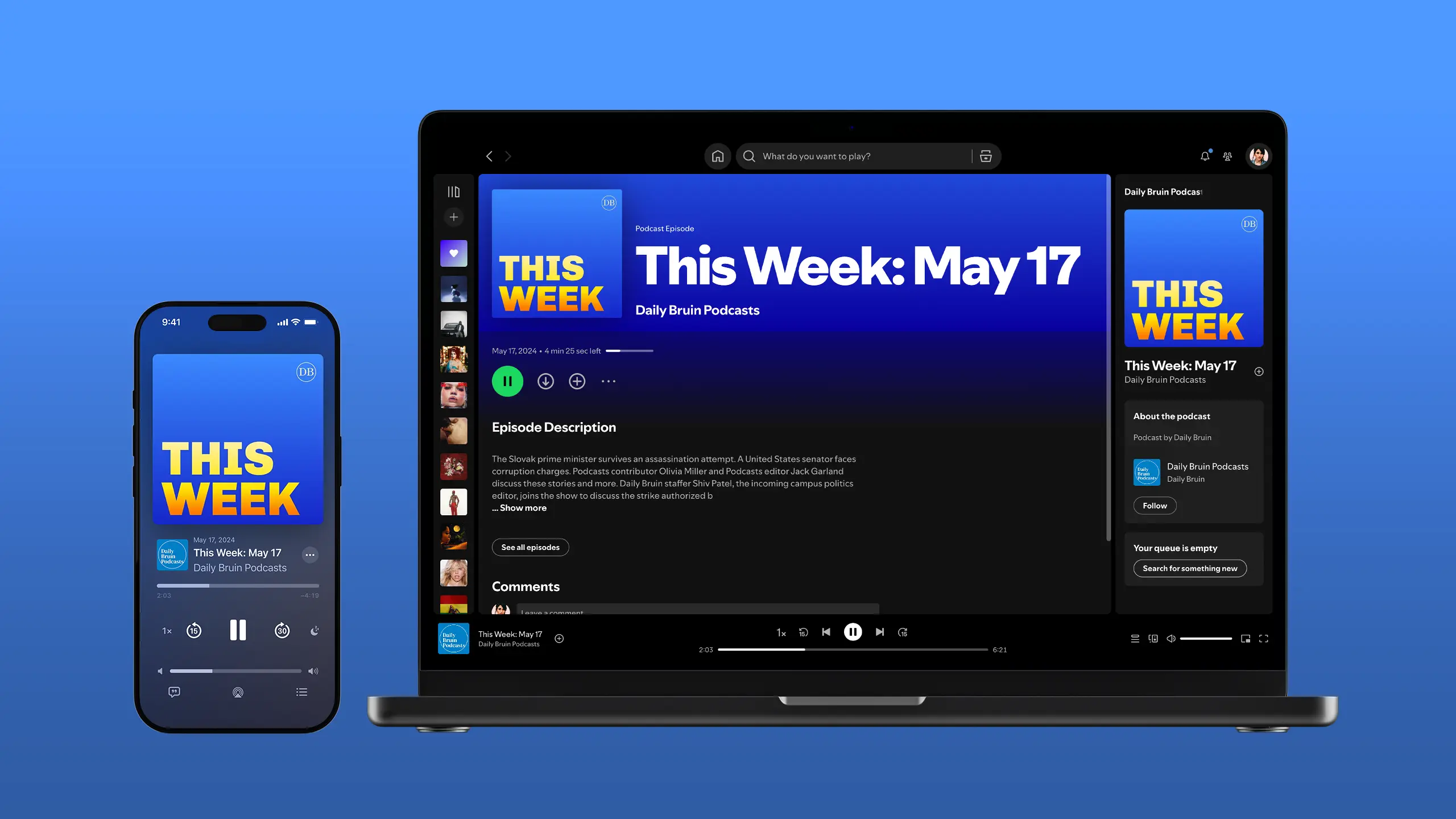 A laptop and phone are shown listening to Daily Bruin podcasts