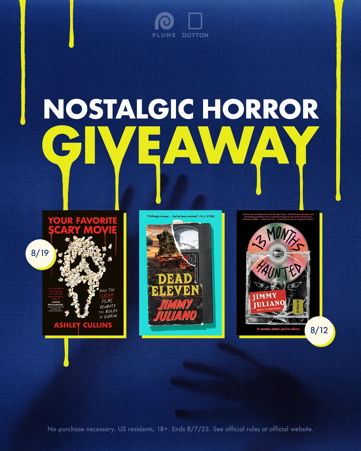 Giveaway post for 3 novels on blue background with silhouettes of hands