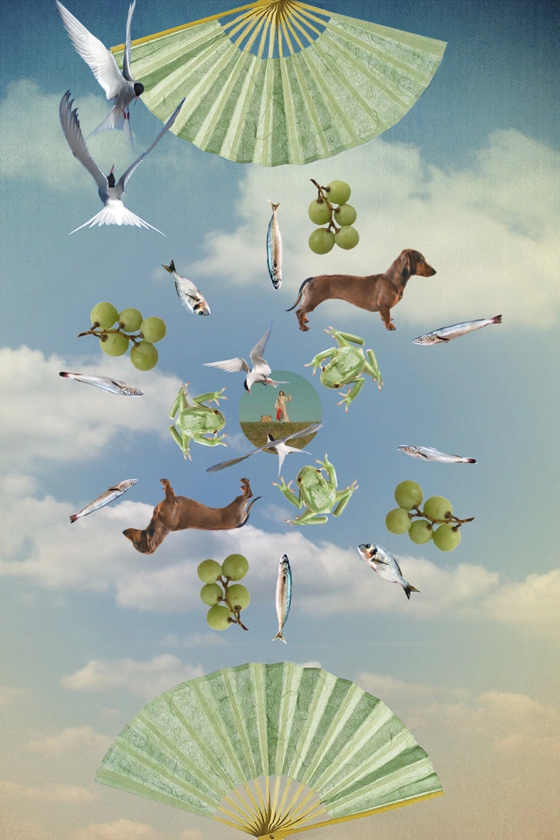 Digital collage of dogs, fish, frogs and birds, with green fans on the top and bottom and a person in the center.