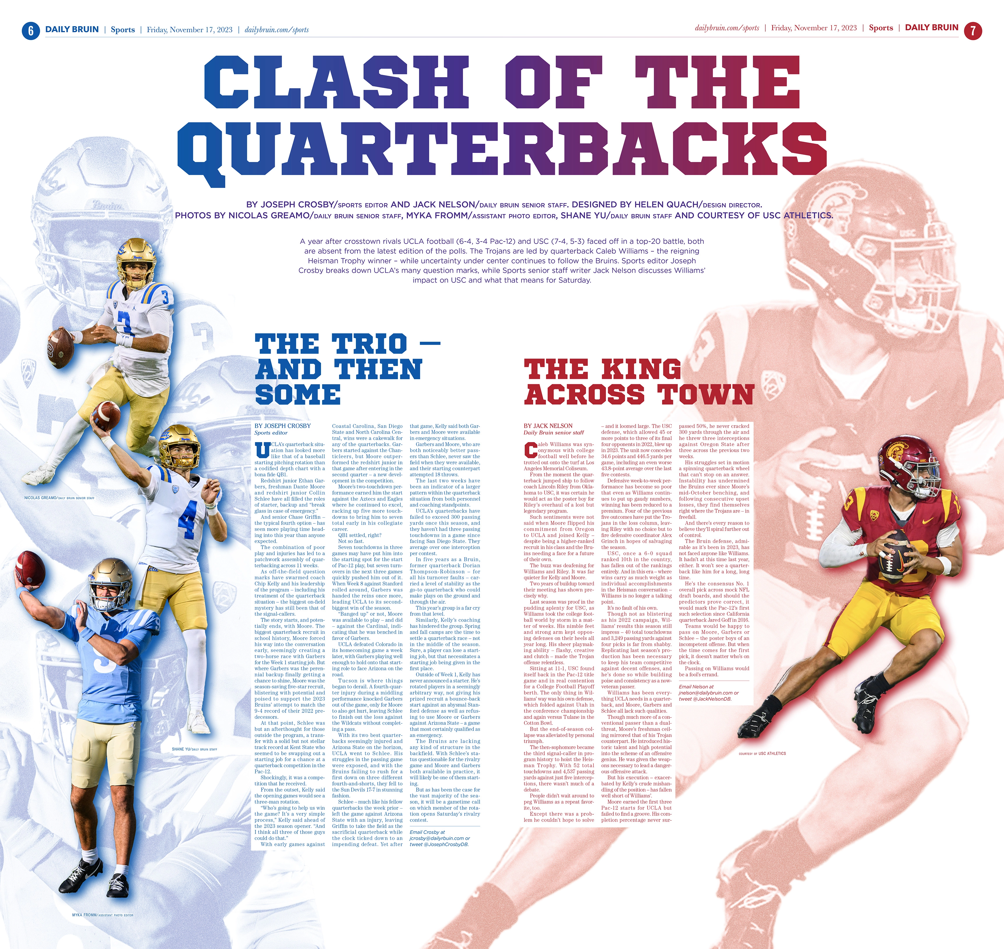 A newspaper spread titled, "Clash of the Quarterbacks." On the left, images of three UCLA football players. On the right, an image of USC quarterback Caleb Williams.