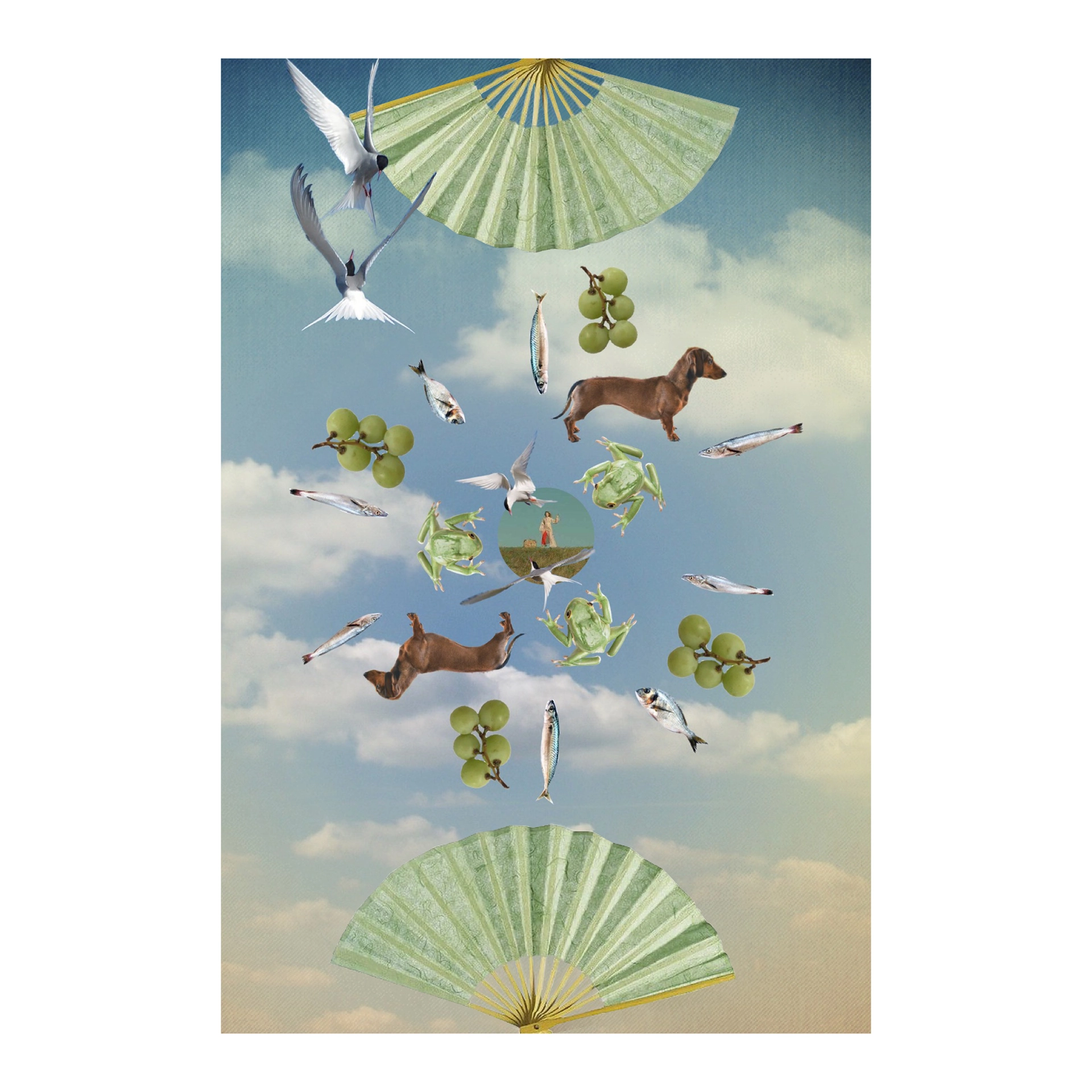 Digital collage of dogs, fish, frogs and birds, with green fans on the top and bottom and a person in the center.