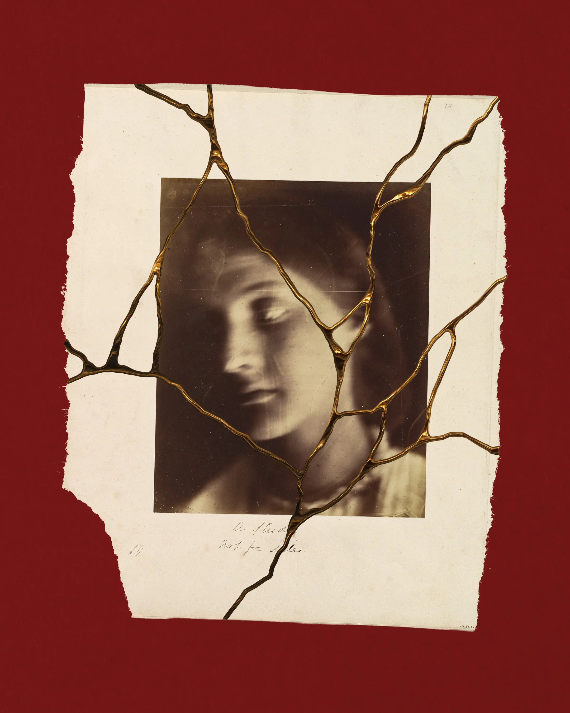 A fractured vintage portrait pieced together with gold lacquer