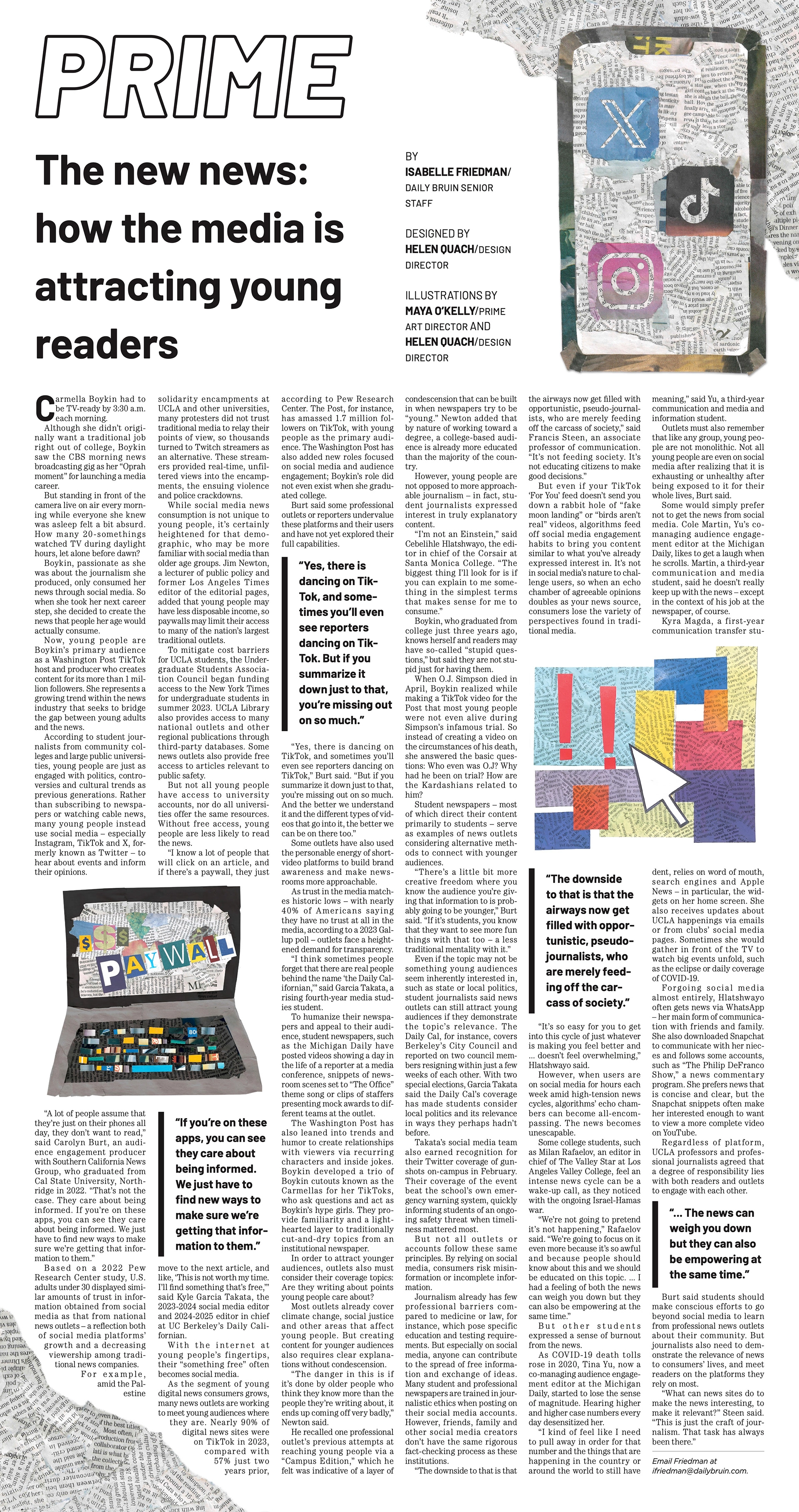 A newspaper page for PRIME. The article title reads, "The new news: how the media is attracting young readers." The article features images of a phone, laptop and digital ads created using newspaper scraps.