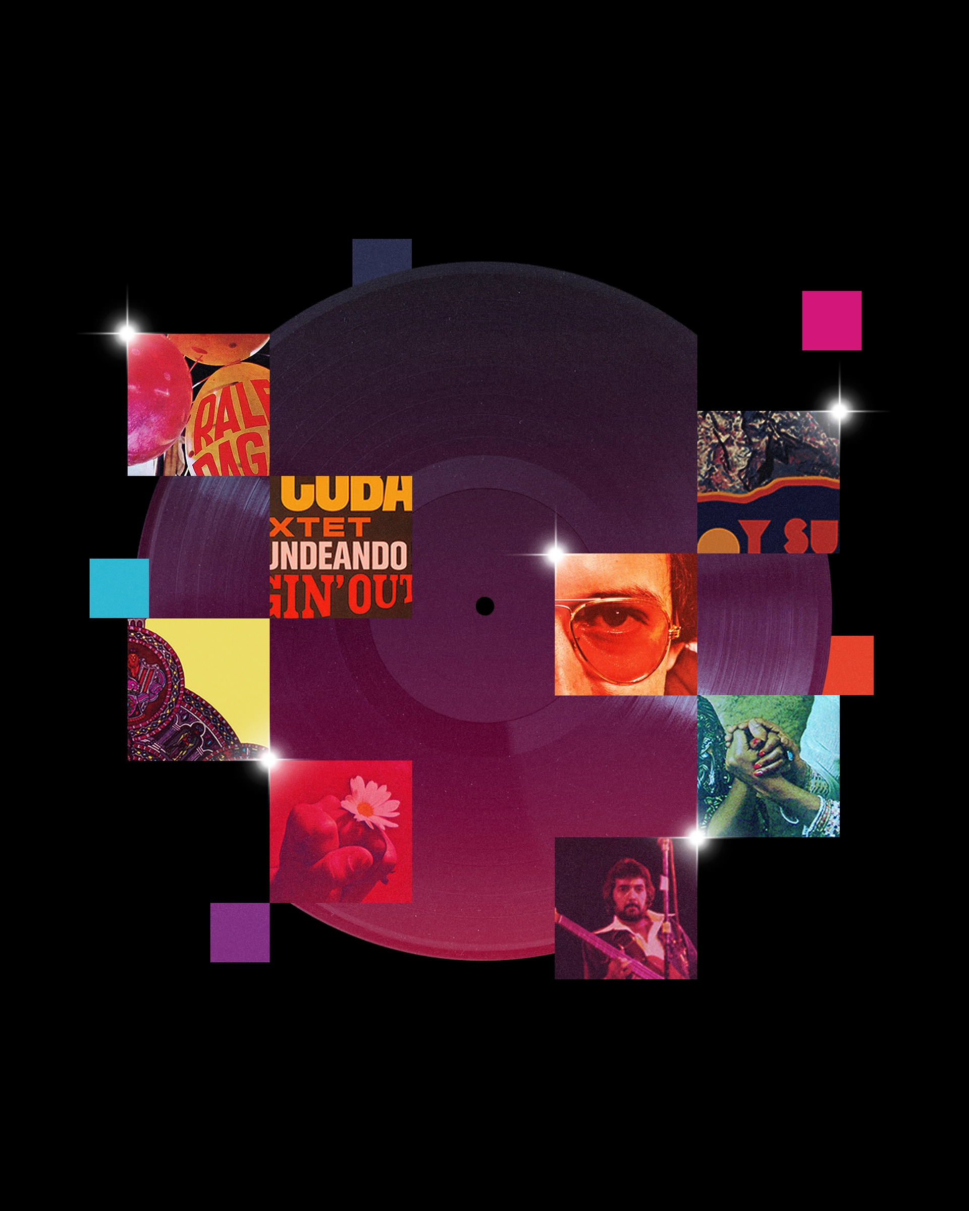 Collage of album covers and a vinyl record.