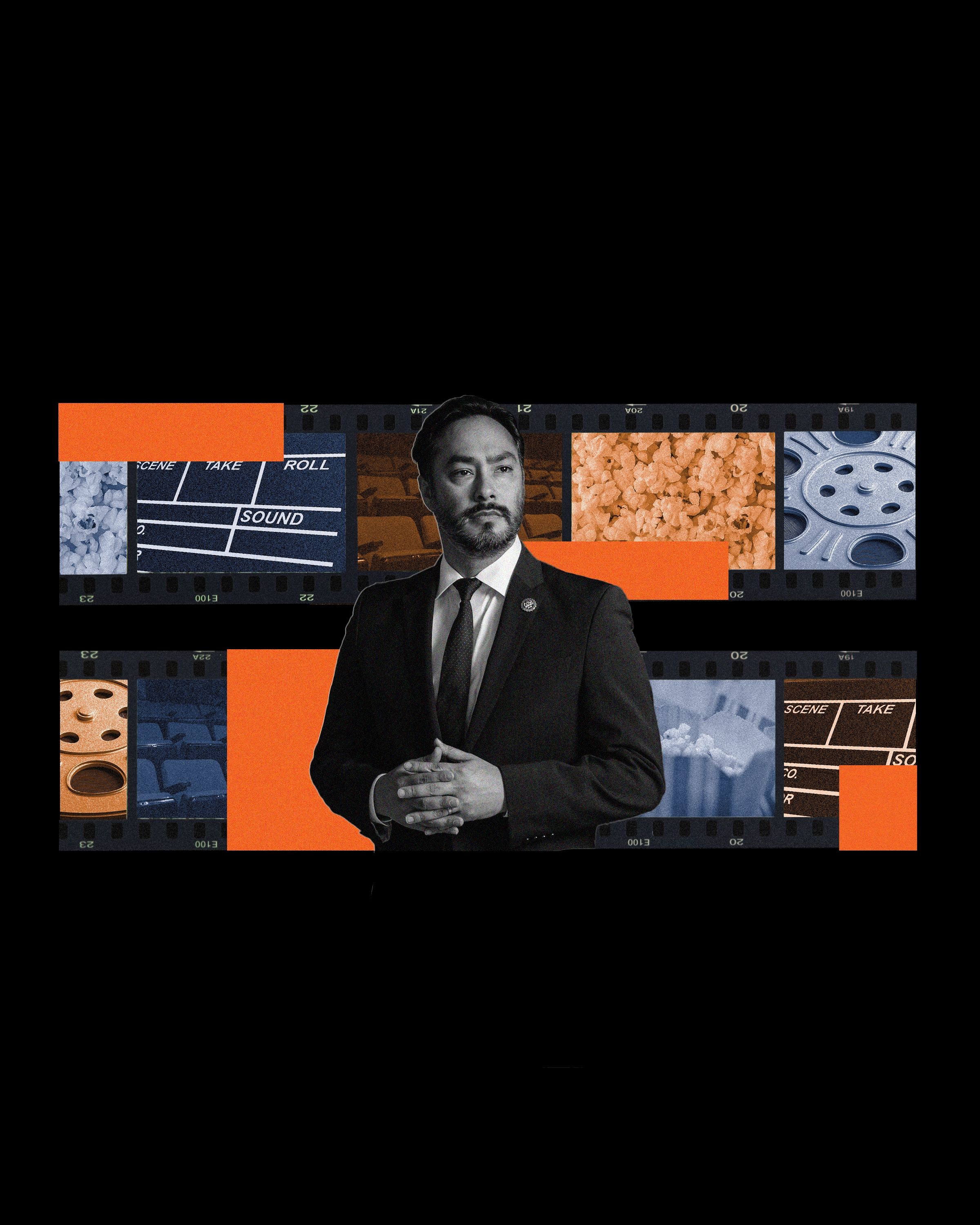 Collage of Joaquin Castro and film strips with images of popcorn, film reels and movie theaters.