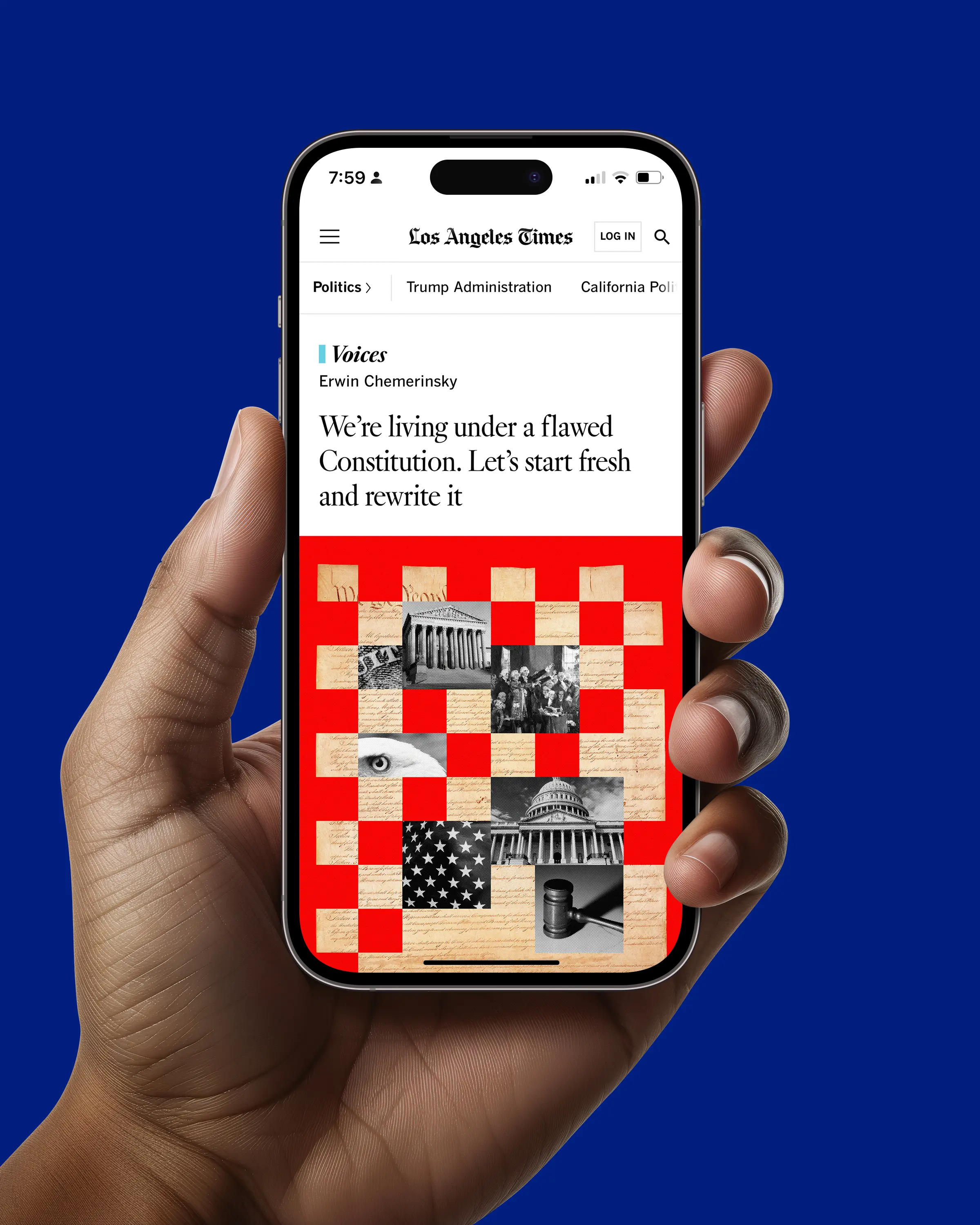 A hand holding a phone viewing a Los Angeles Times article