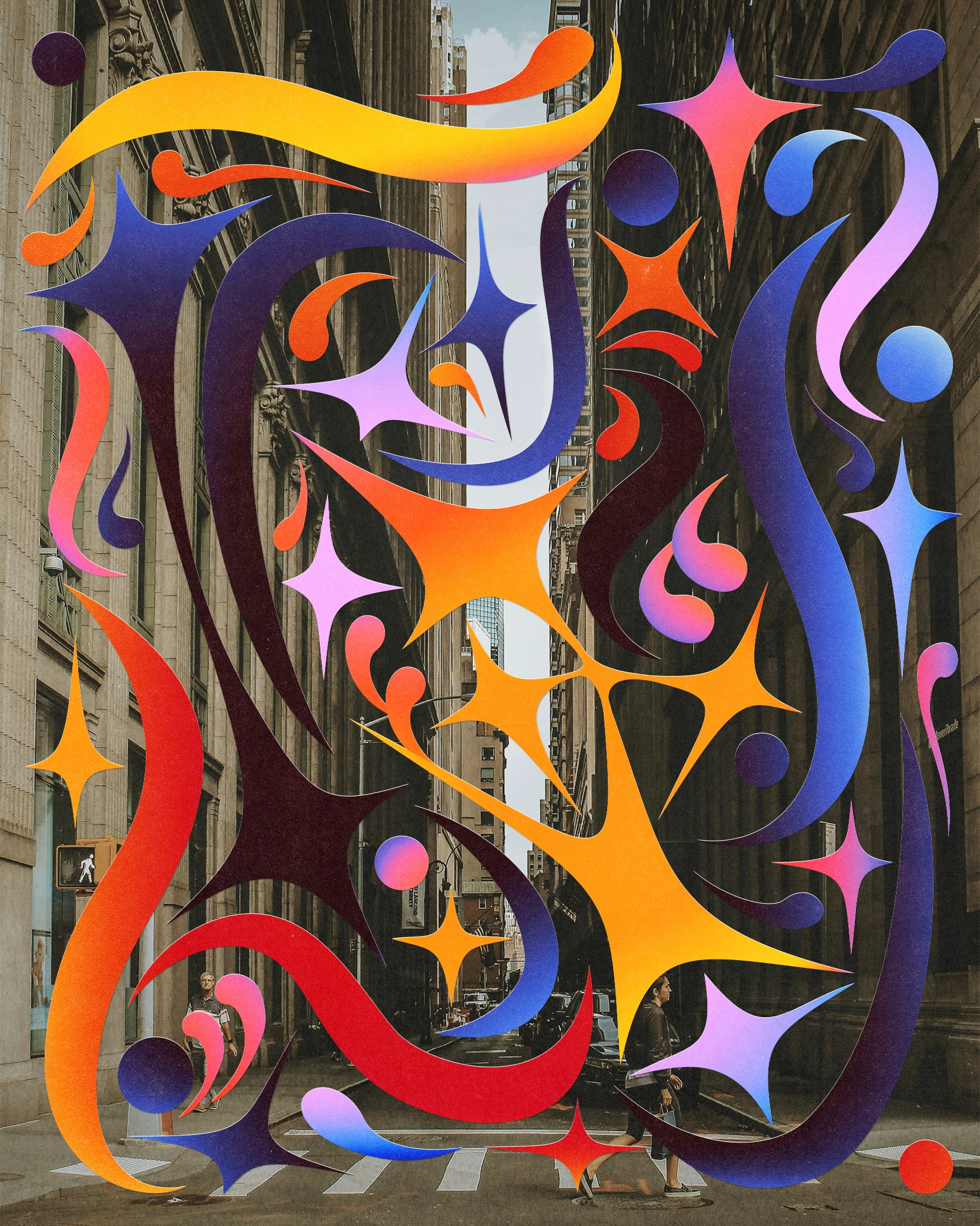 Abstract swirls and stars in shades of orange and blue with a city street in the background