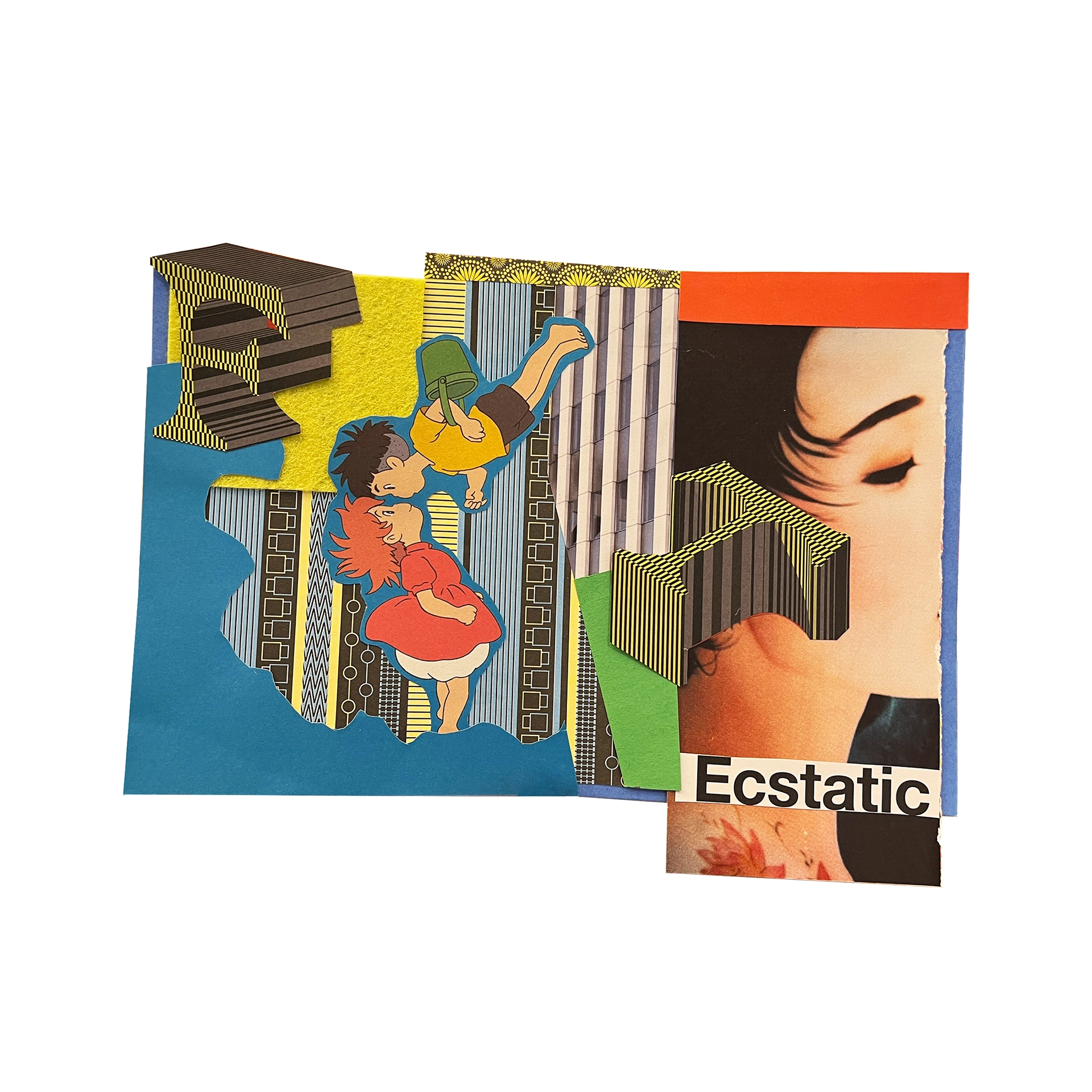 Abstract collage featuring bold colors, image of woman and scene from the movie "Ponyo," with text that reads, "Ecstatic."