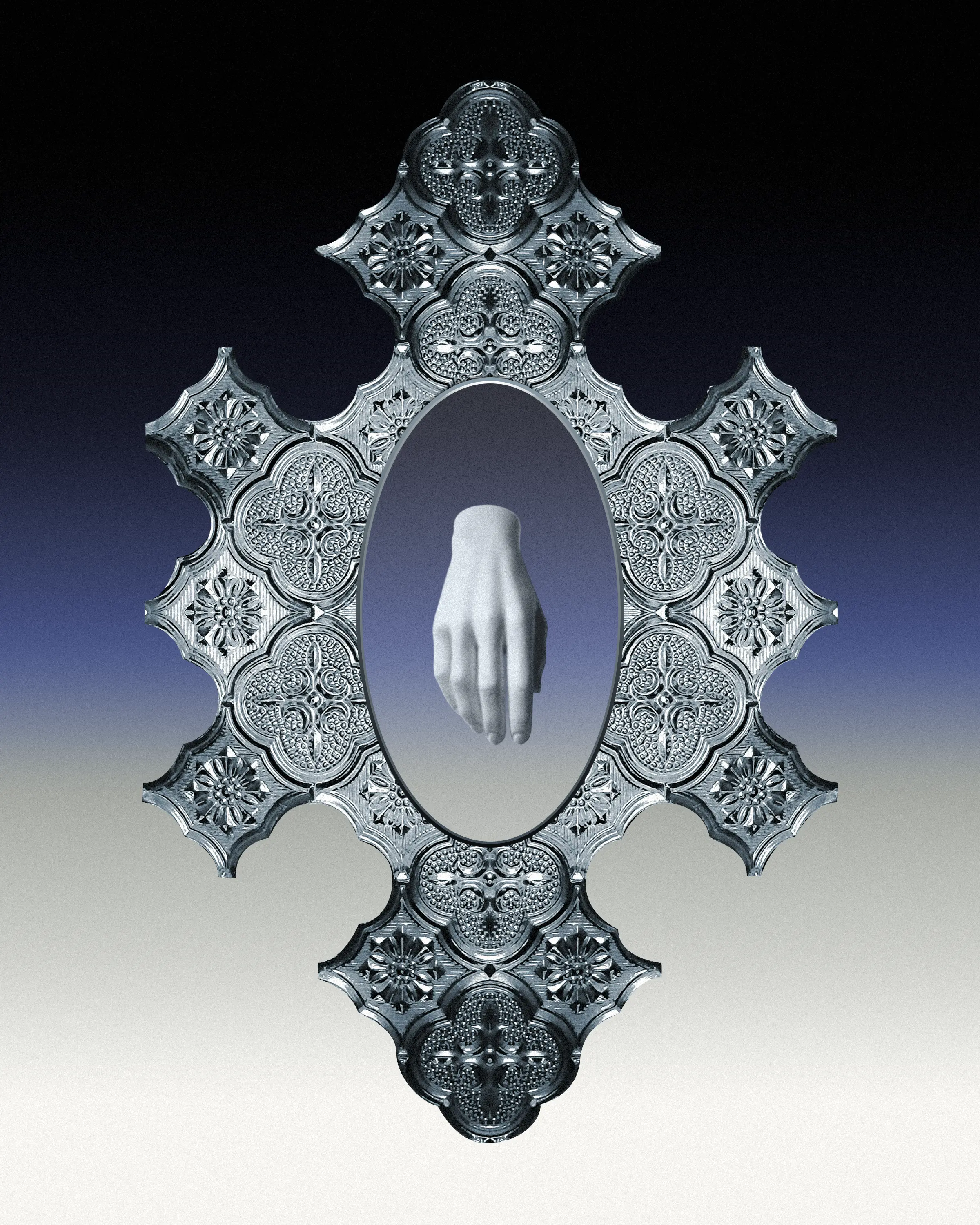 An ornate mirror with an isolated hand in its frame