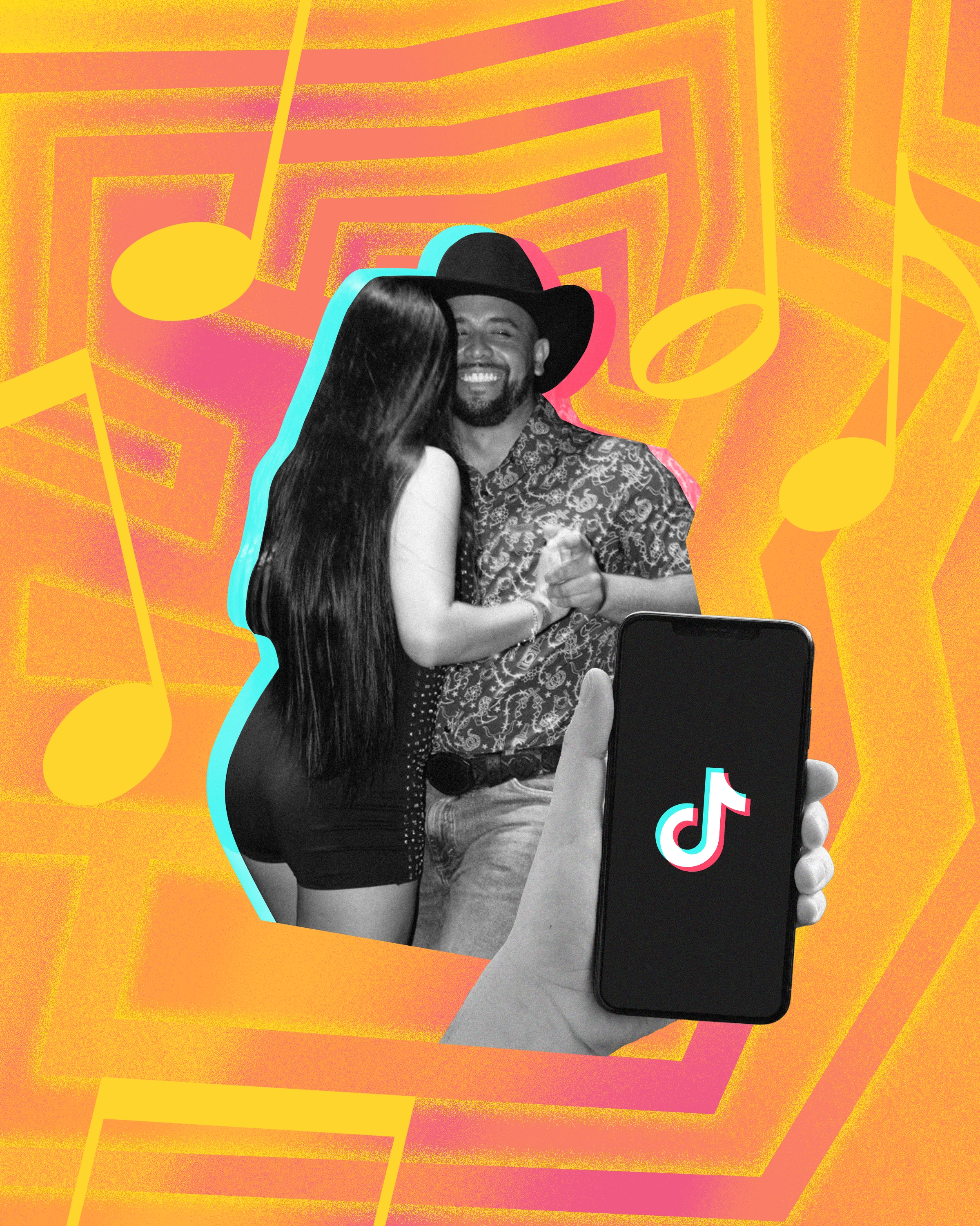 Collage of couple dancing and a hand holding phone with TikTok logo with music notes in background.