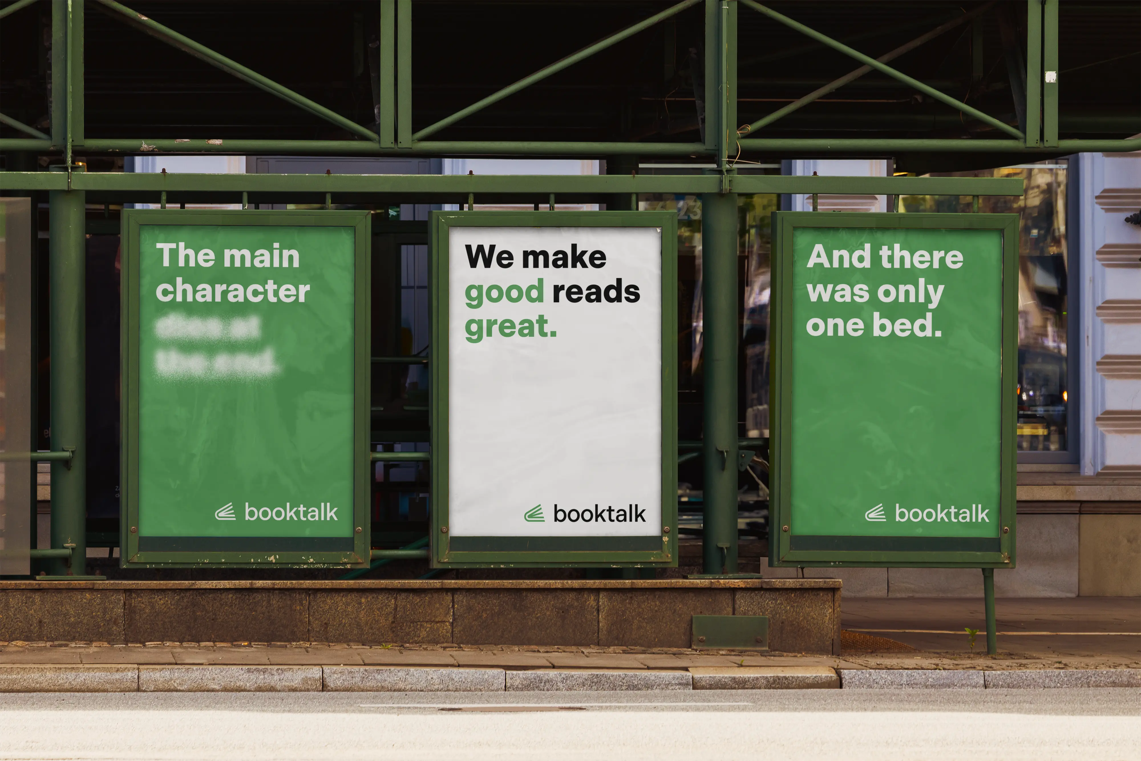 Mockup of 3 posters with various ads for the app BookTalk