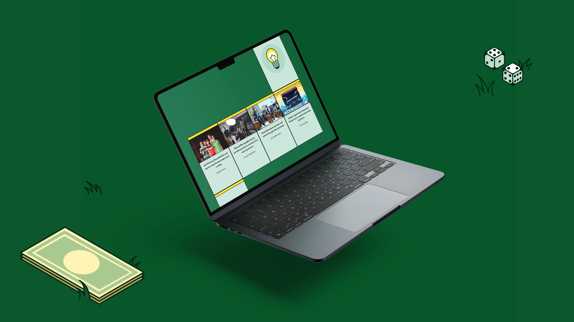 A Macbook Pro showing the "Registration Issue" webpage and article links dressed as game board squares inspired by the game "Monopoly." Beside the Macbook Pro are graphics of game money and a pair of dice.
