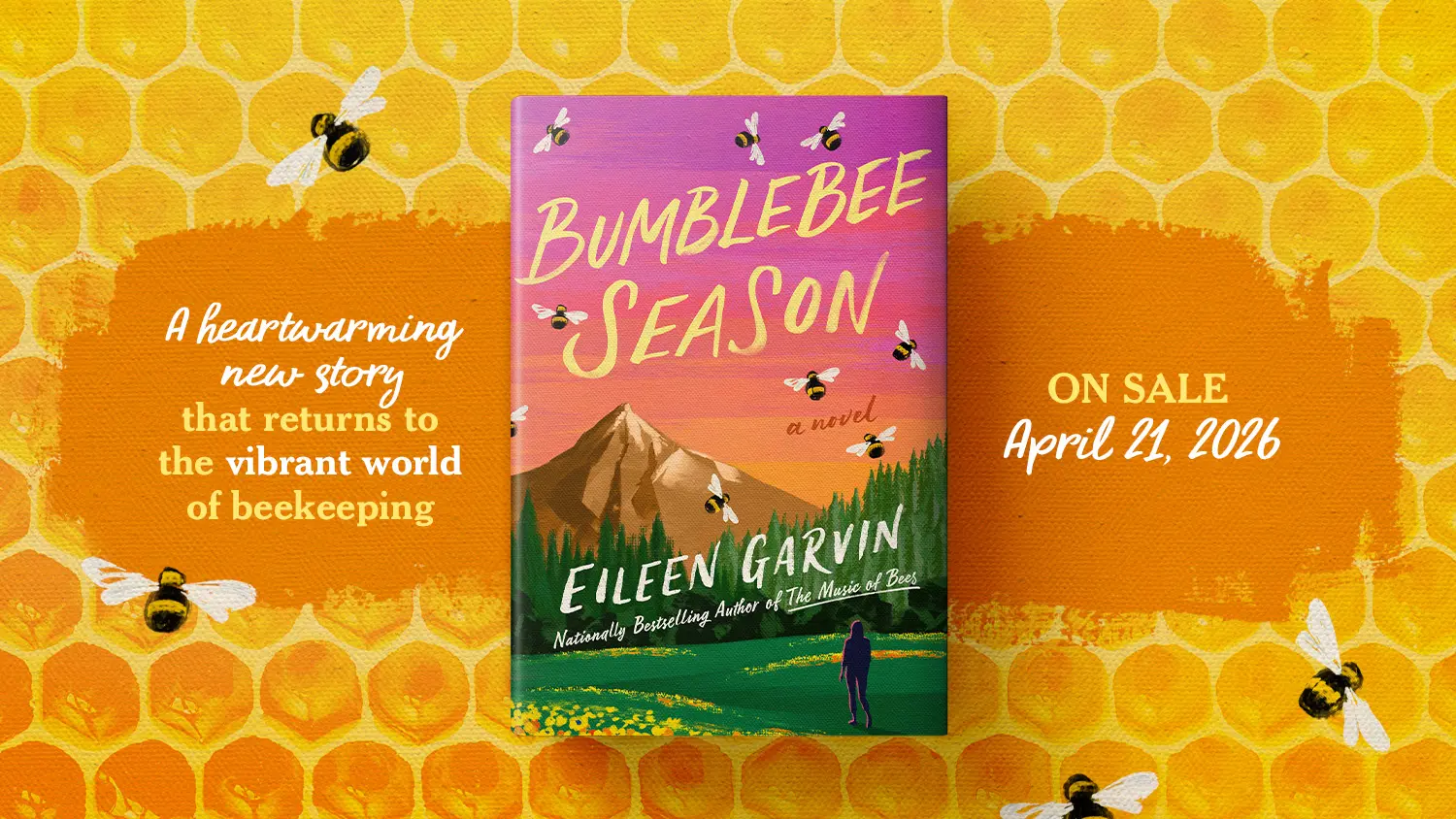 Website banner with book on honeycomb background and bees flying