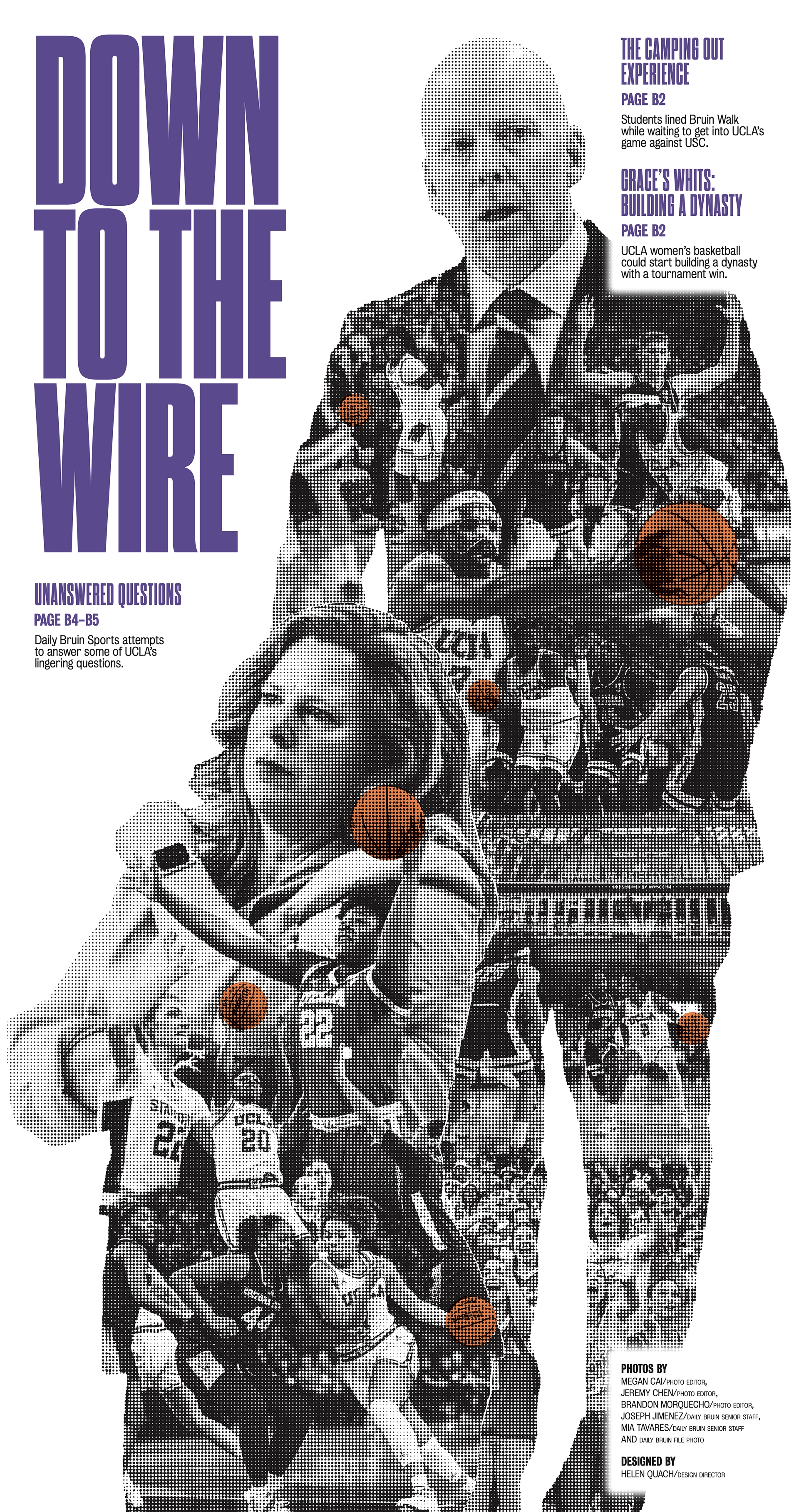 A newspaper cover titled, "Down to the wire." On the cover are UCLA basketball coaches Cori Close and Mick Cronin, each filled with images of UCLA men's and women's basketball players.