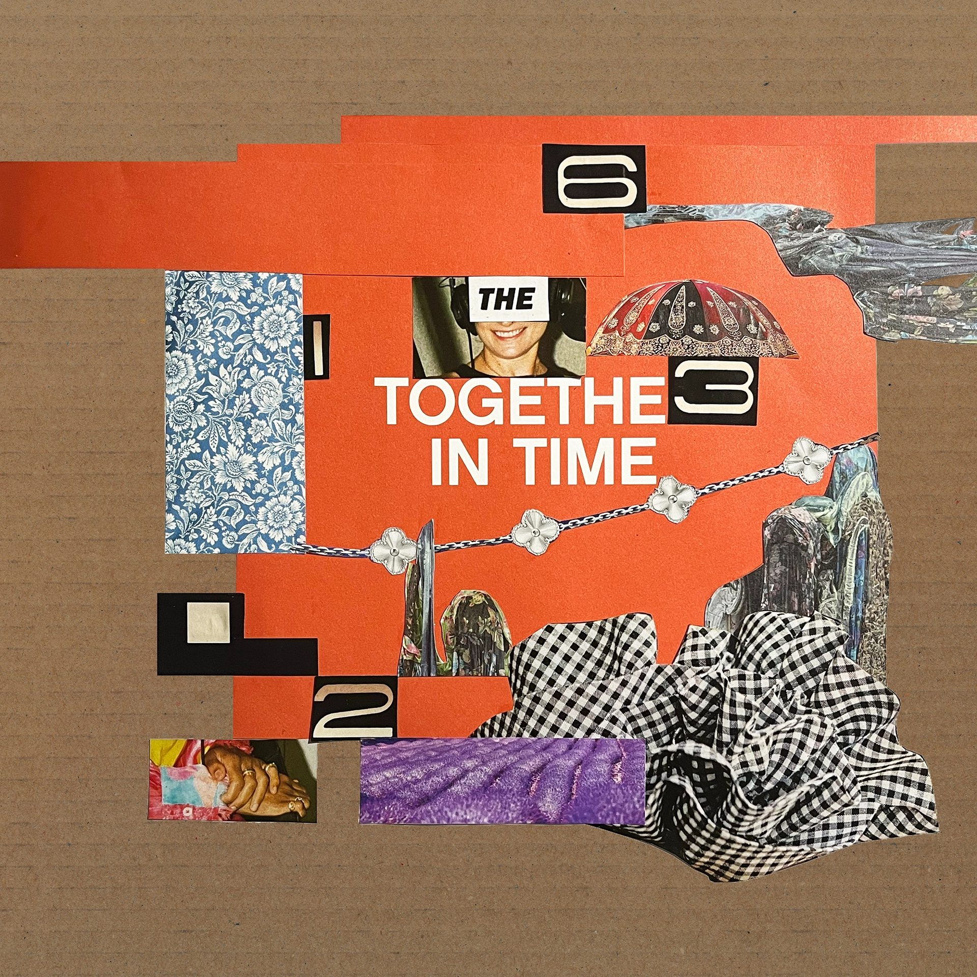 Abstract collage on cardboard with bright orange background, images of textures and art pieces, numbers, and text that reads "Together in time."