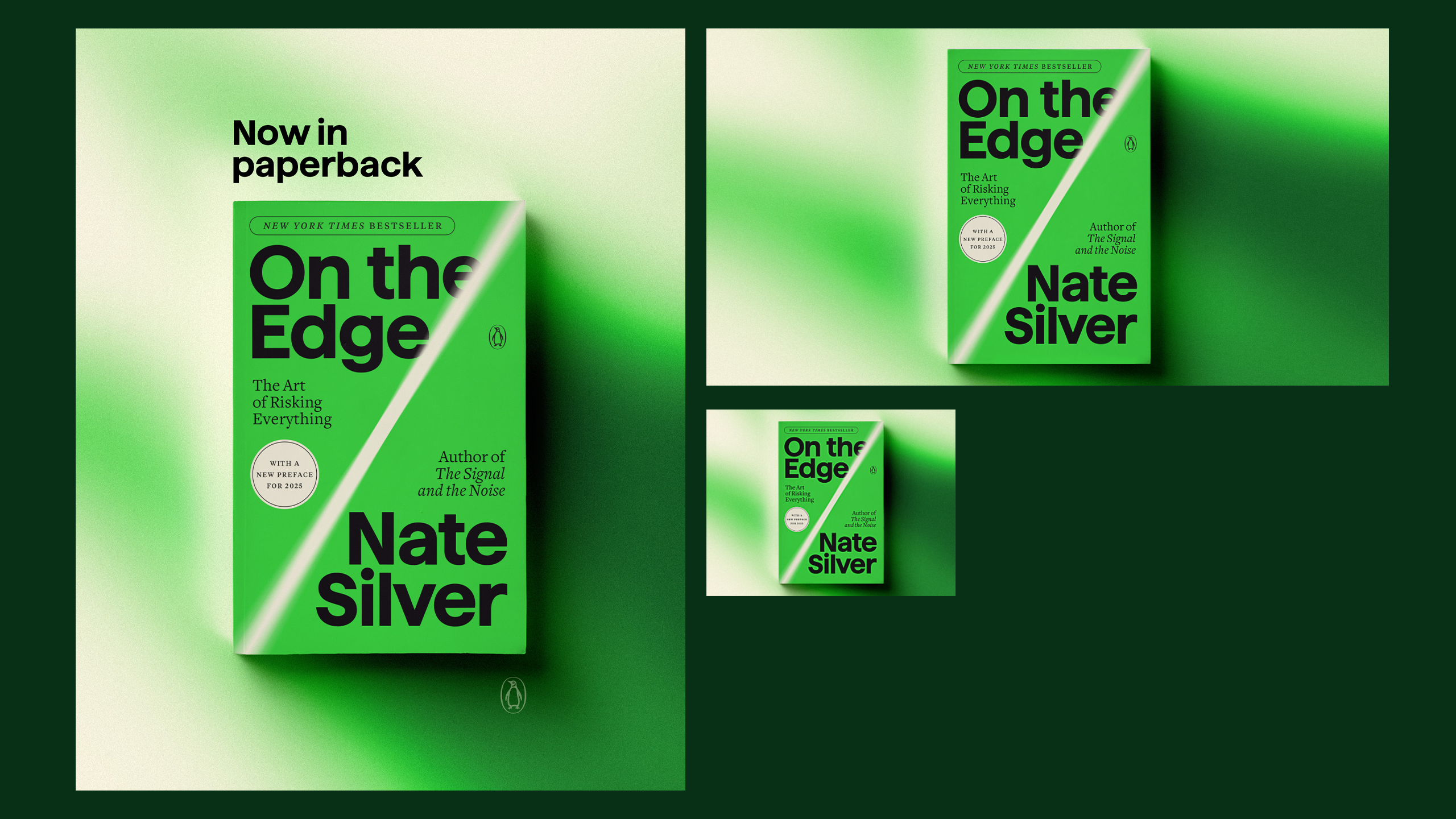 Image of book on green gradient background in 3 different sizes