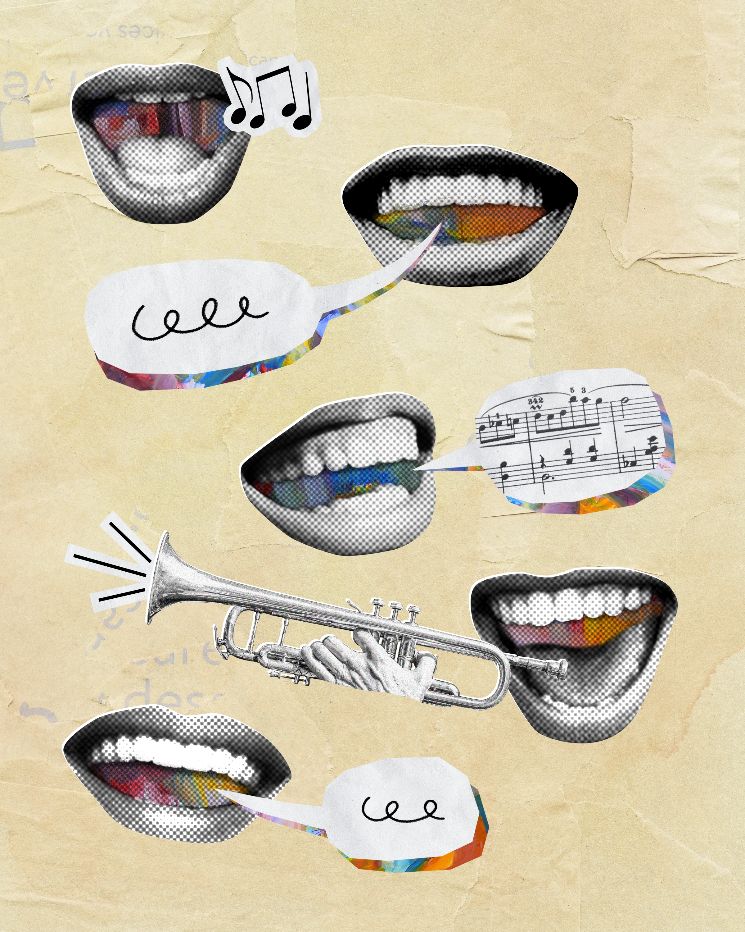 Collage of several mouths with music notes, musical instruments and speech bubbles.