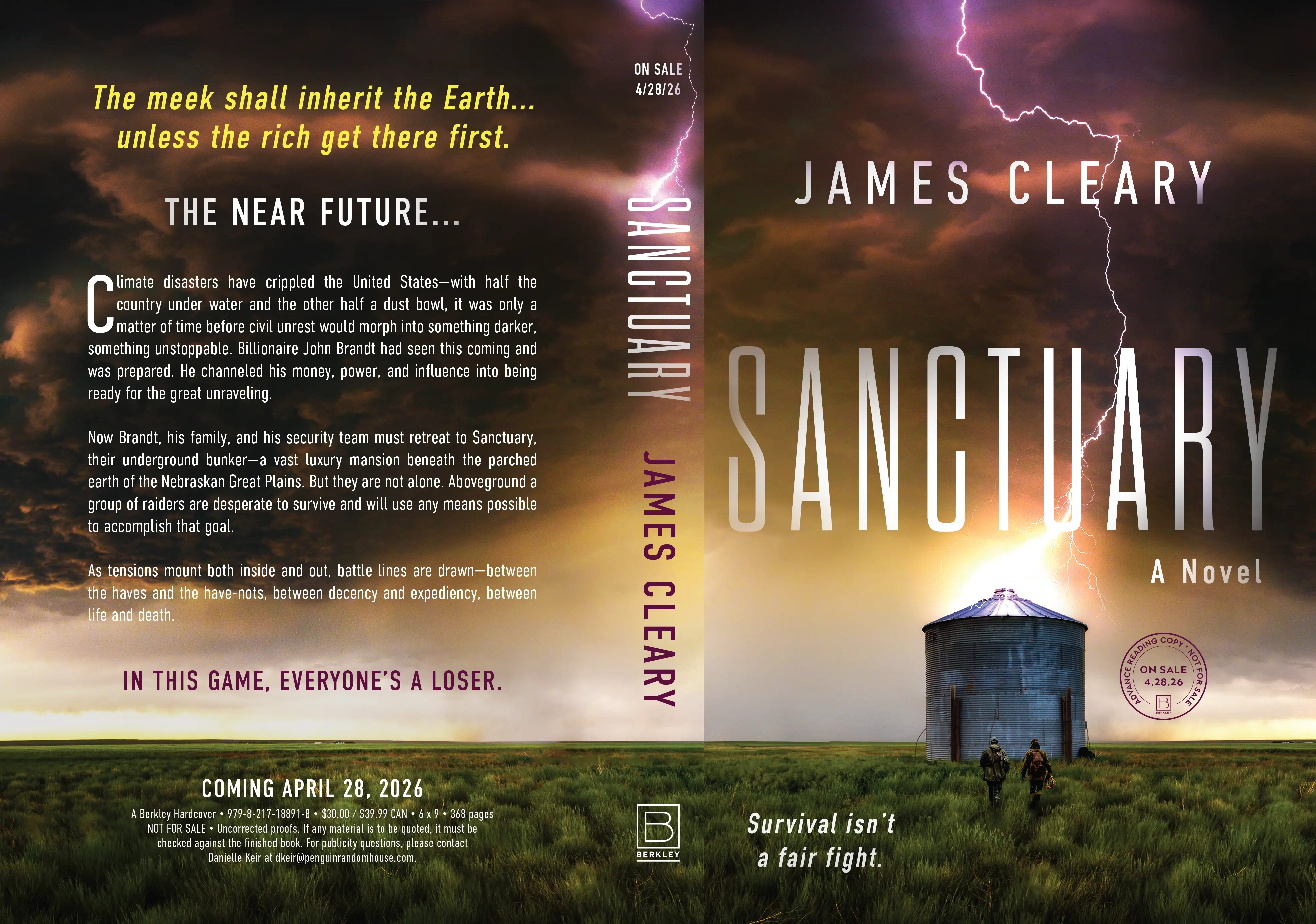 Flat book jacket with lightning striking a building in a grass field