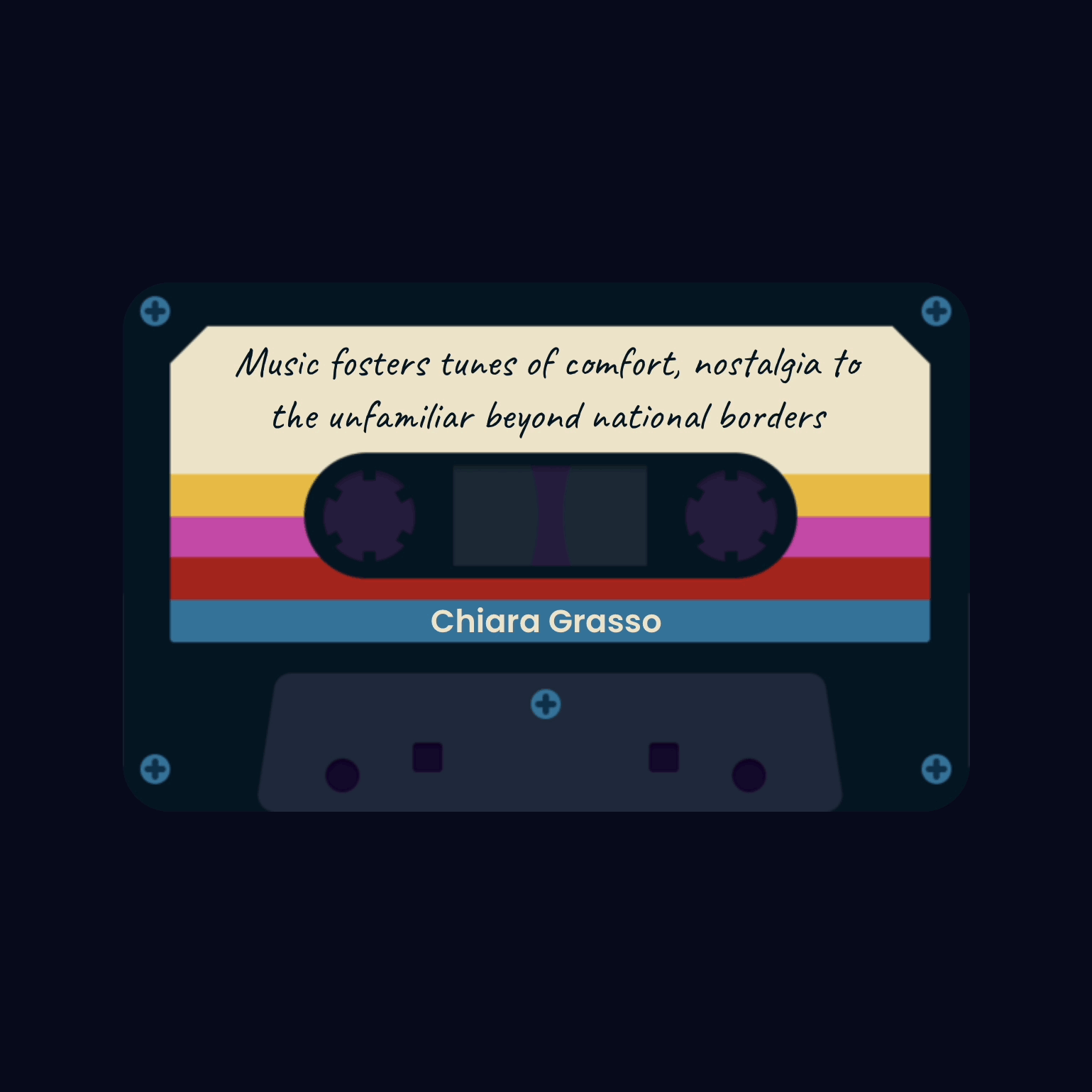 A mouse hovers over an article link shaped like a cassette tape. On hover, the cassette tape glows magenta.