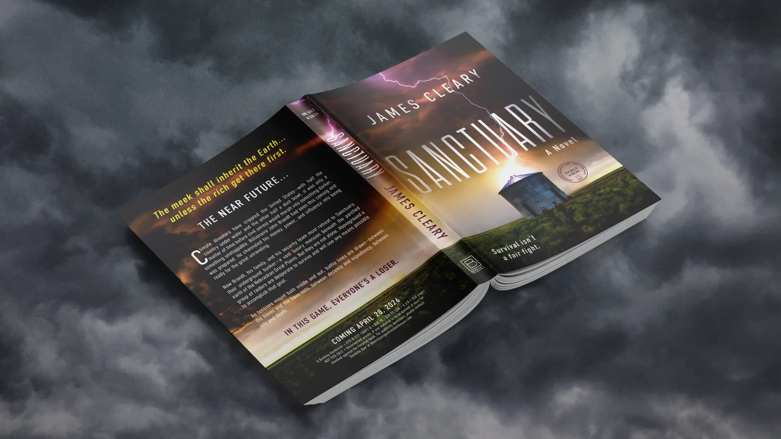 Book mockup on dark stormy clouds